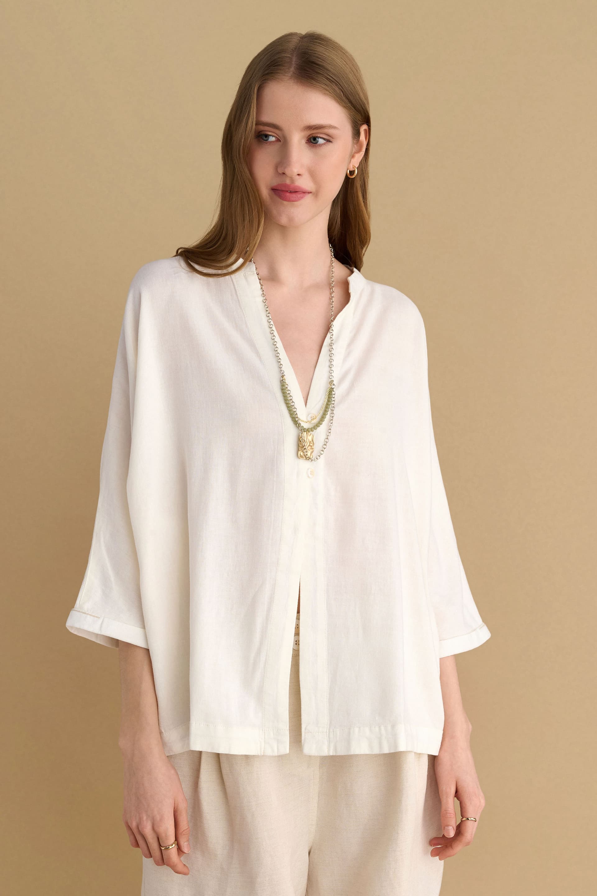 Τουνίκ λινή με κουμπιά - Λευκό