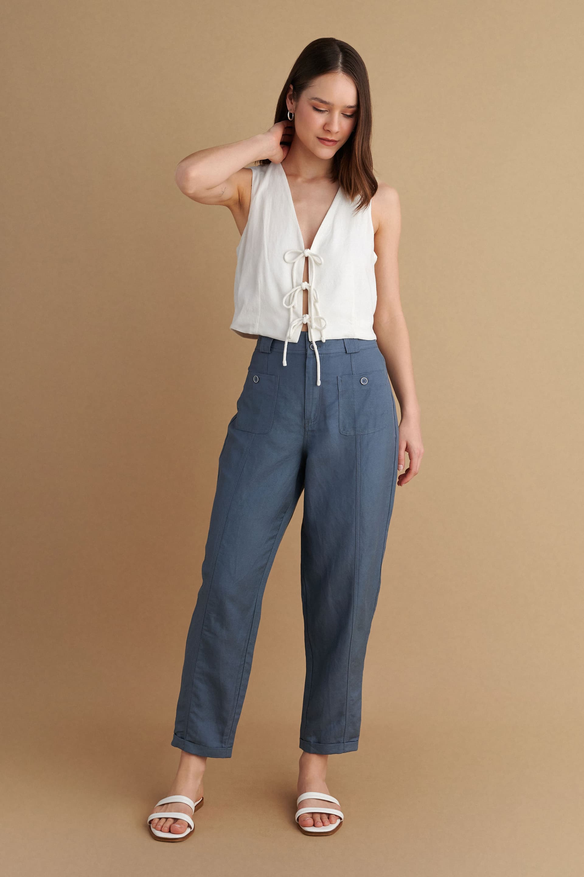 Παντελόνι λινό με ρεβέρ - GREYBLUE