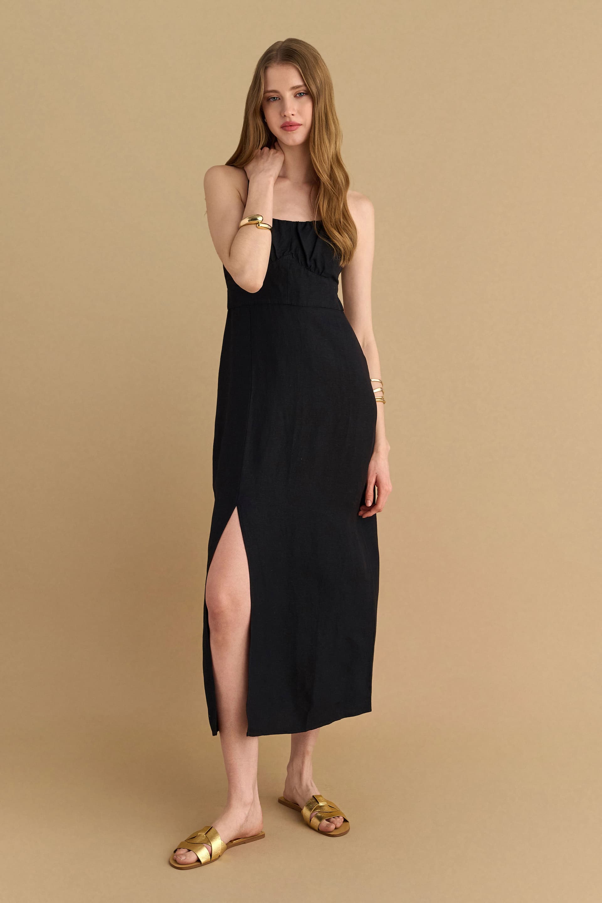 Φόρεμα μίντι λινό - Μαύρο