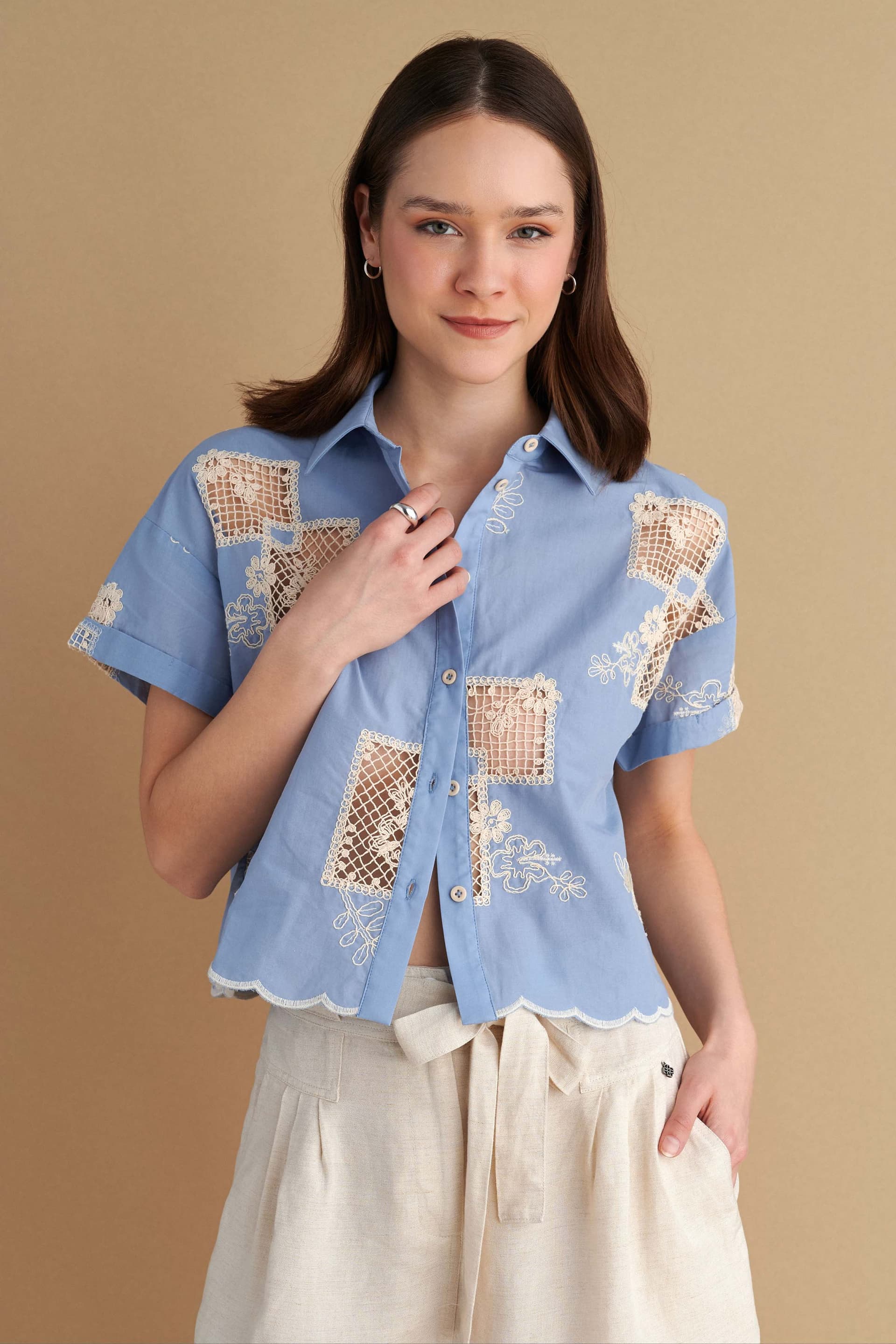 Πουκάμισο κοντομάνικο με κεντήματα - Μπλε