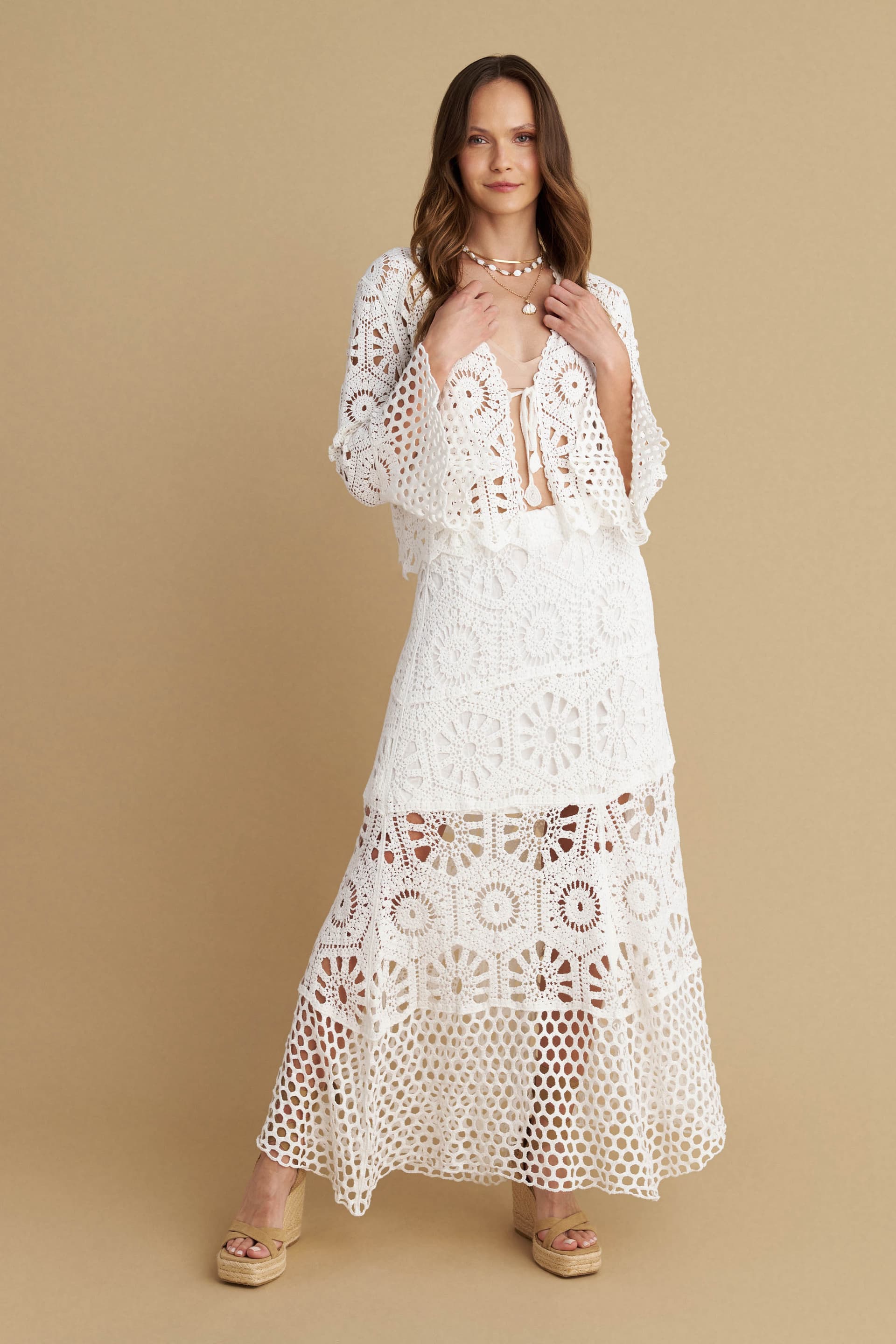 Φούστα μακριά διάτρητη κεντητή - Λευκό
