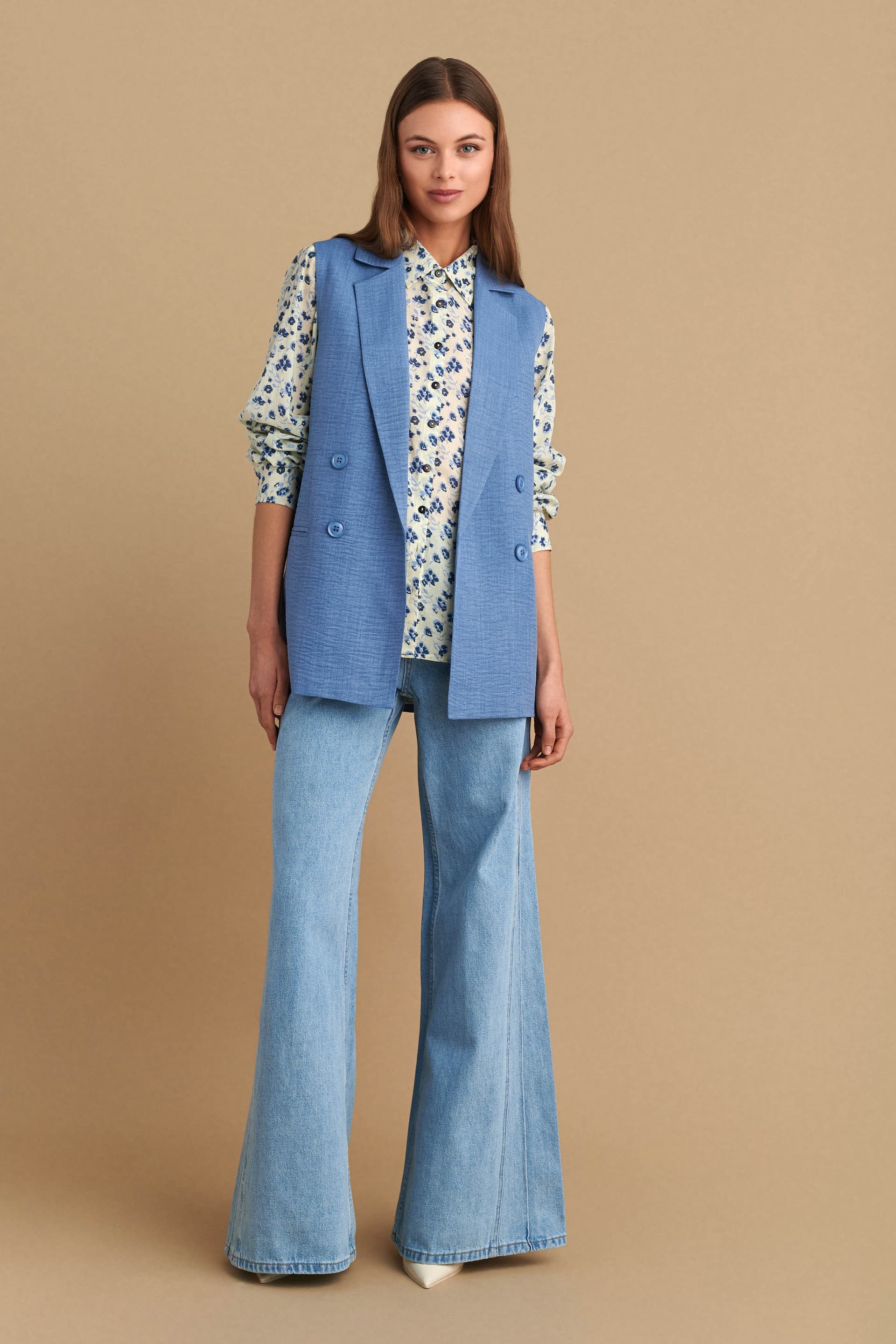 Γιλέκο μακρύ με διακοσμητικά κουμπιά - Μπλε