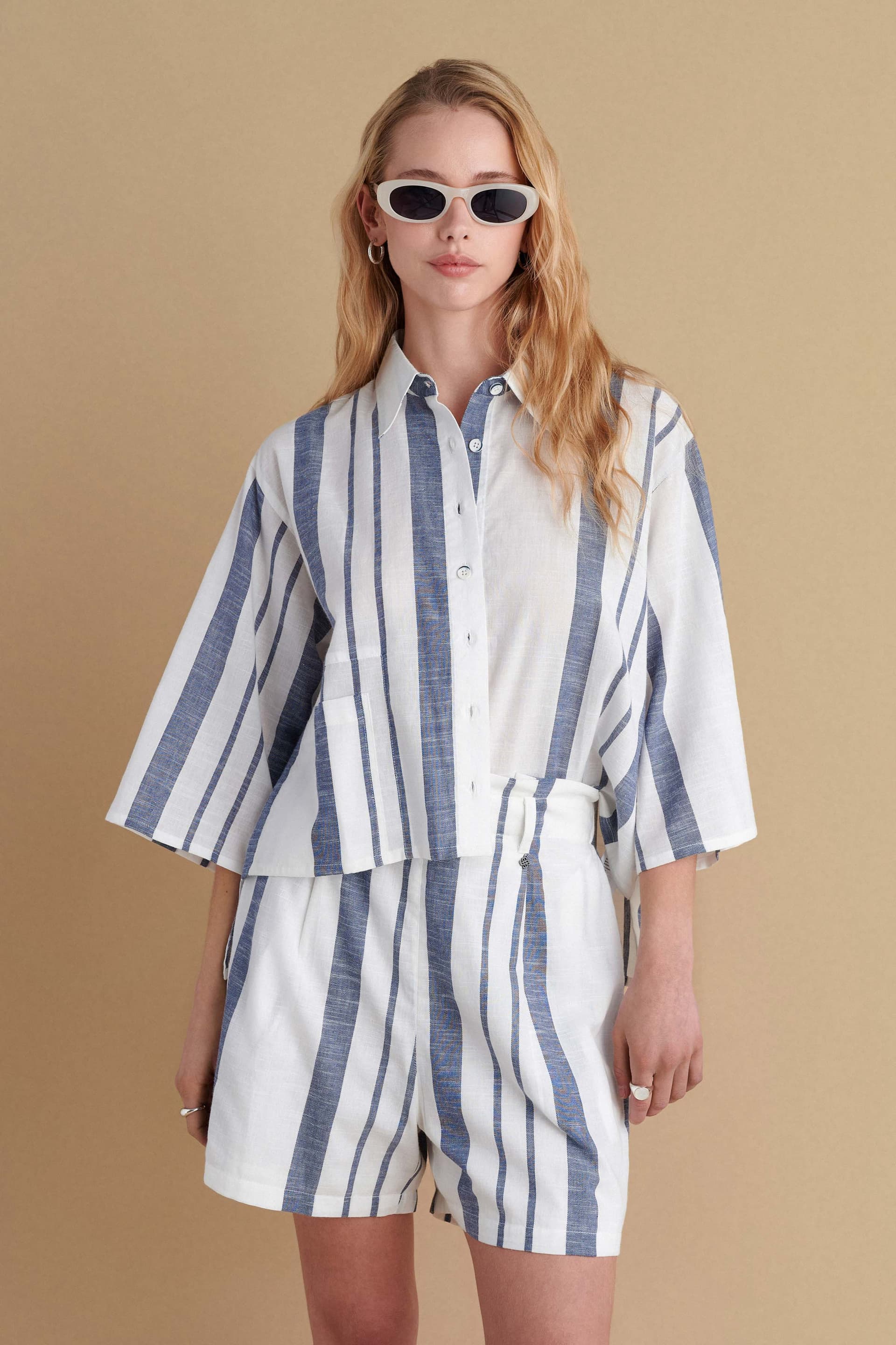 Πουκάμισο cropped ριγέ - Λευκό