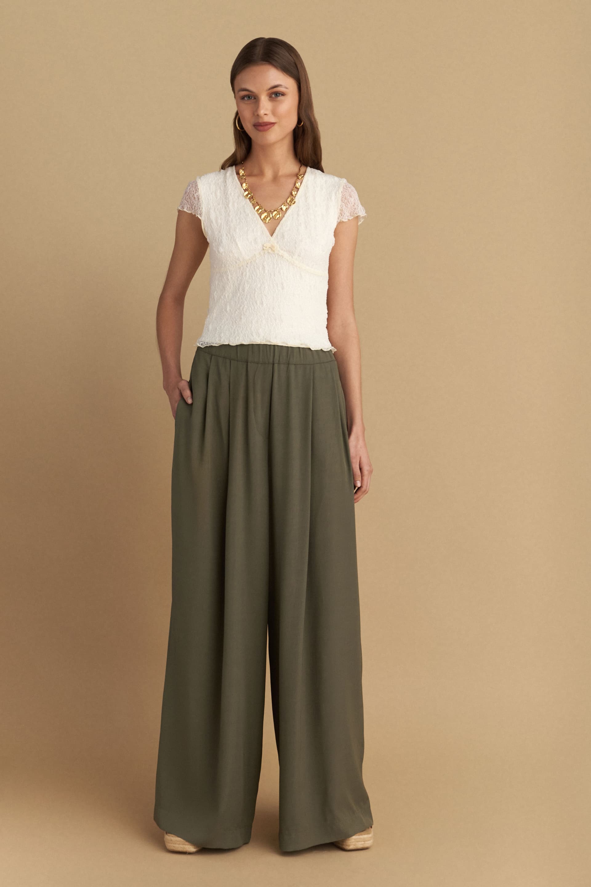 Παντελόνι χυτό με πιέτες - Χακί