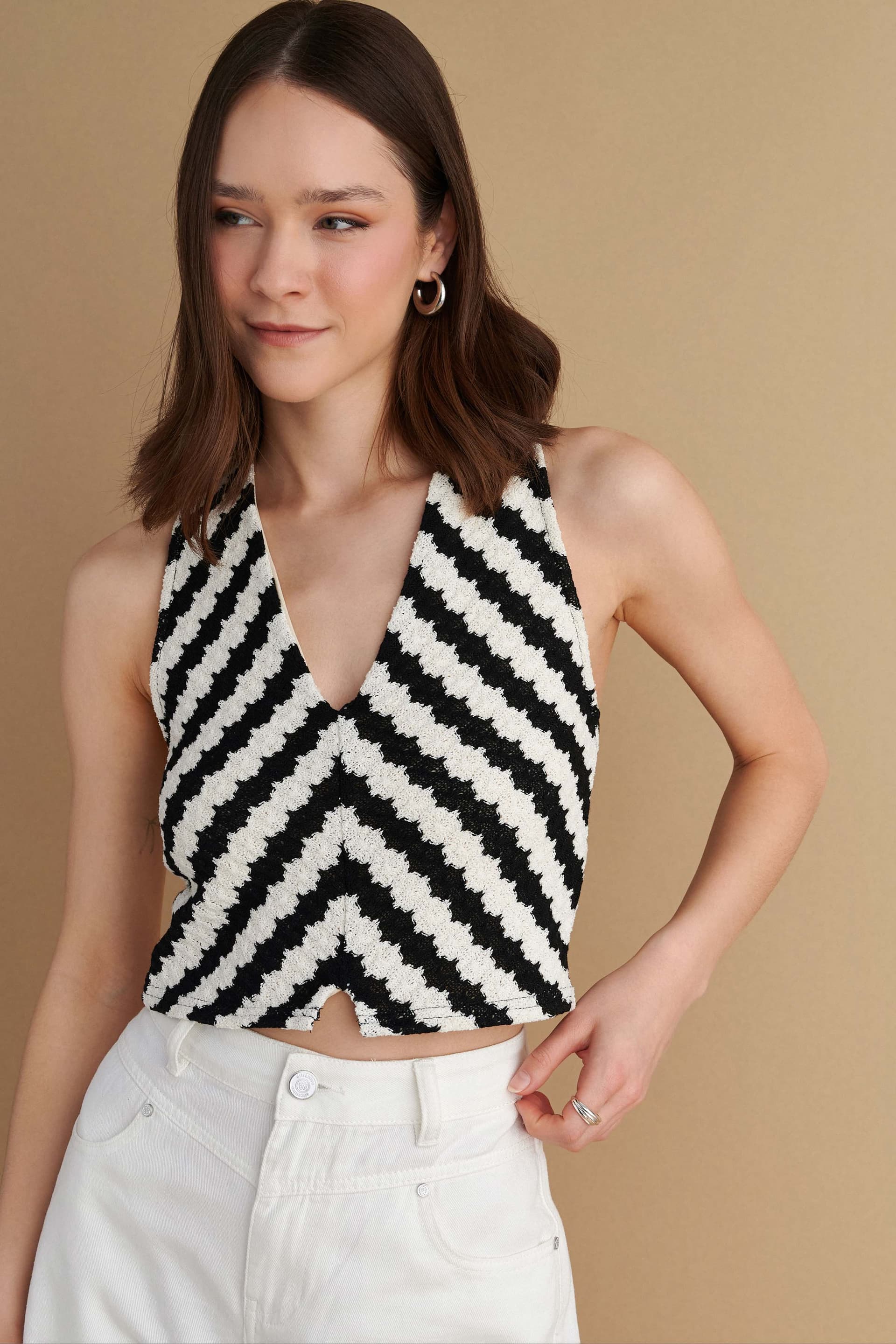 Μπλούζα πλεκτή αμάνικη - Λευκό