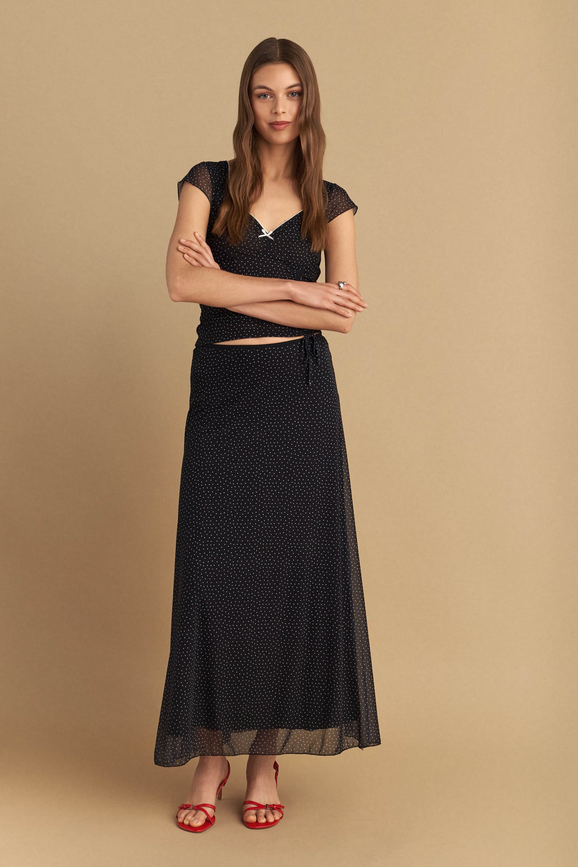 Φούστα μακριά τούλινη με πουά - Μαύρο