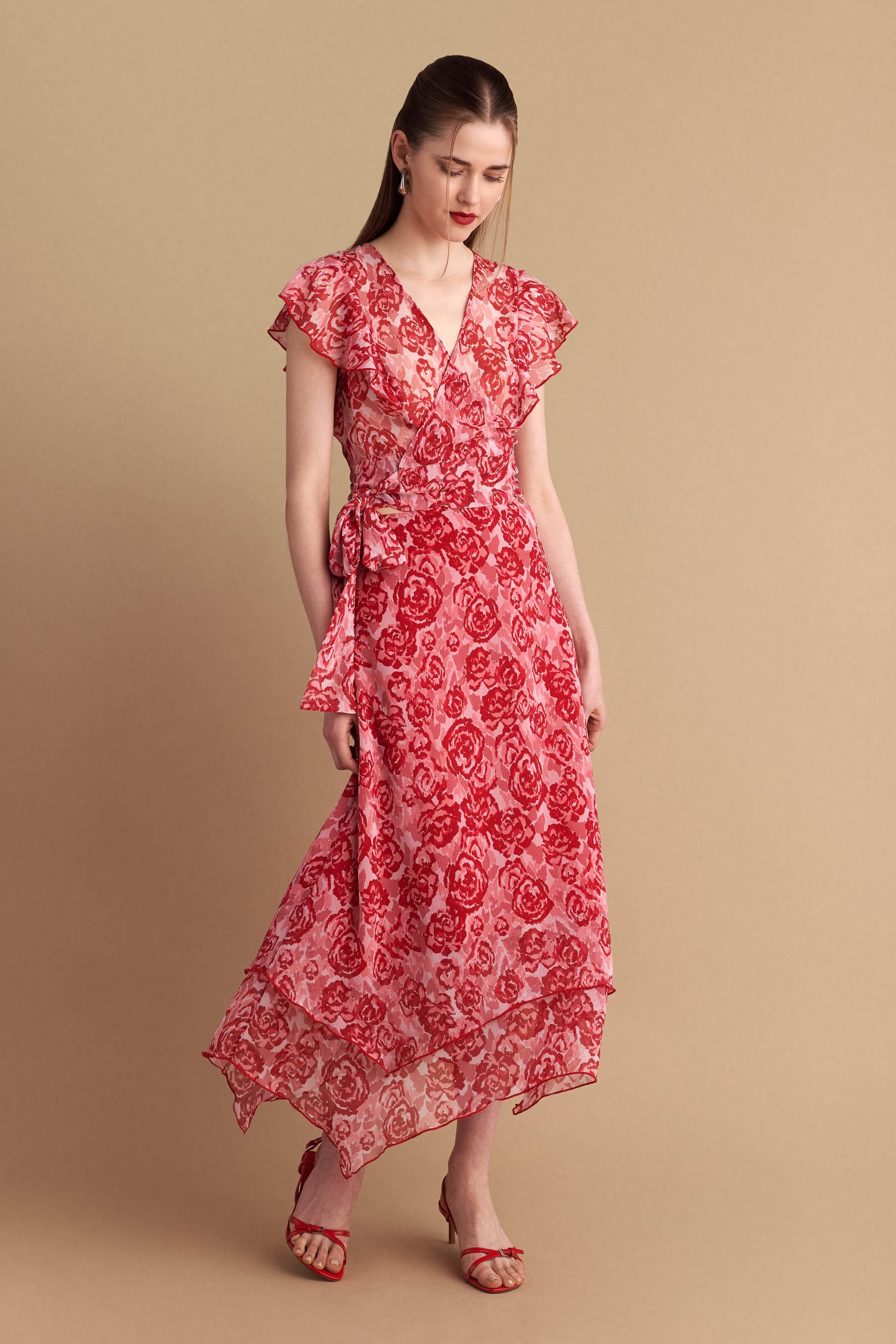 Φούστα σιφόν φλοράλ - Κόκκινο