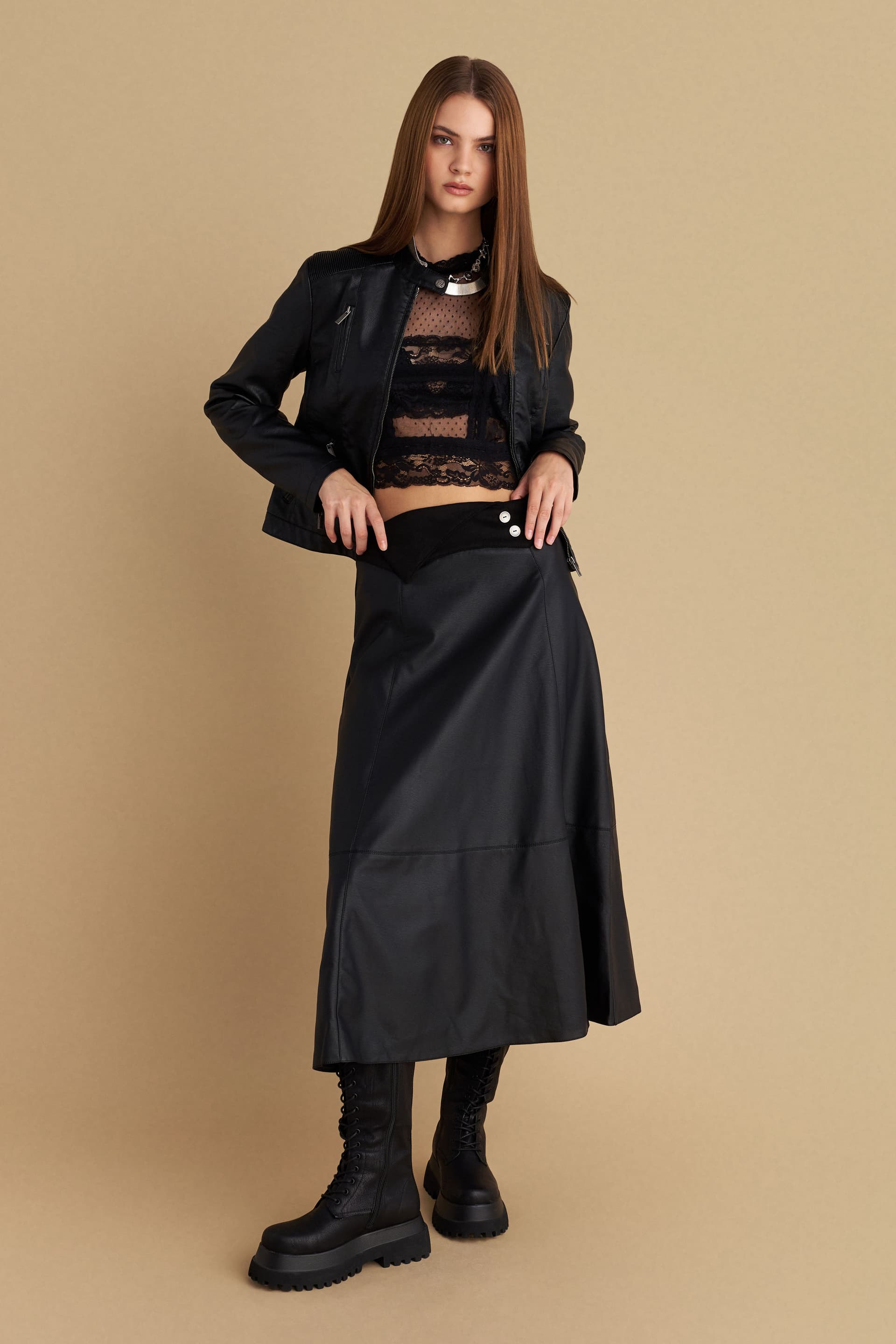 Φούστα μίντι δερματίνη - Μαύρο