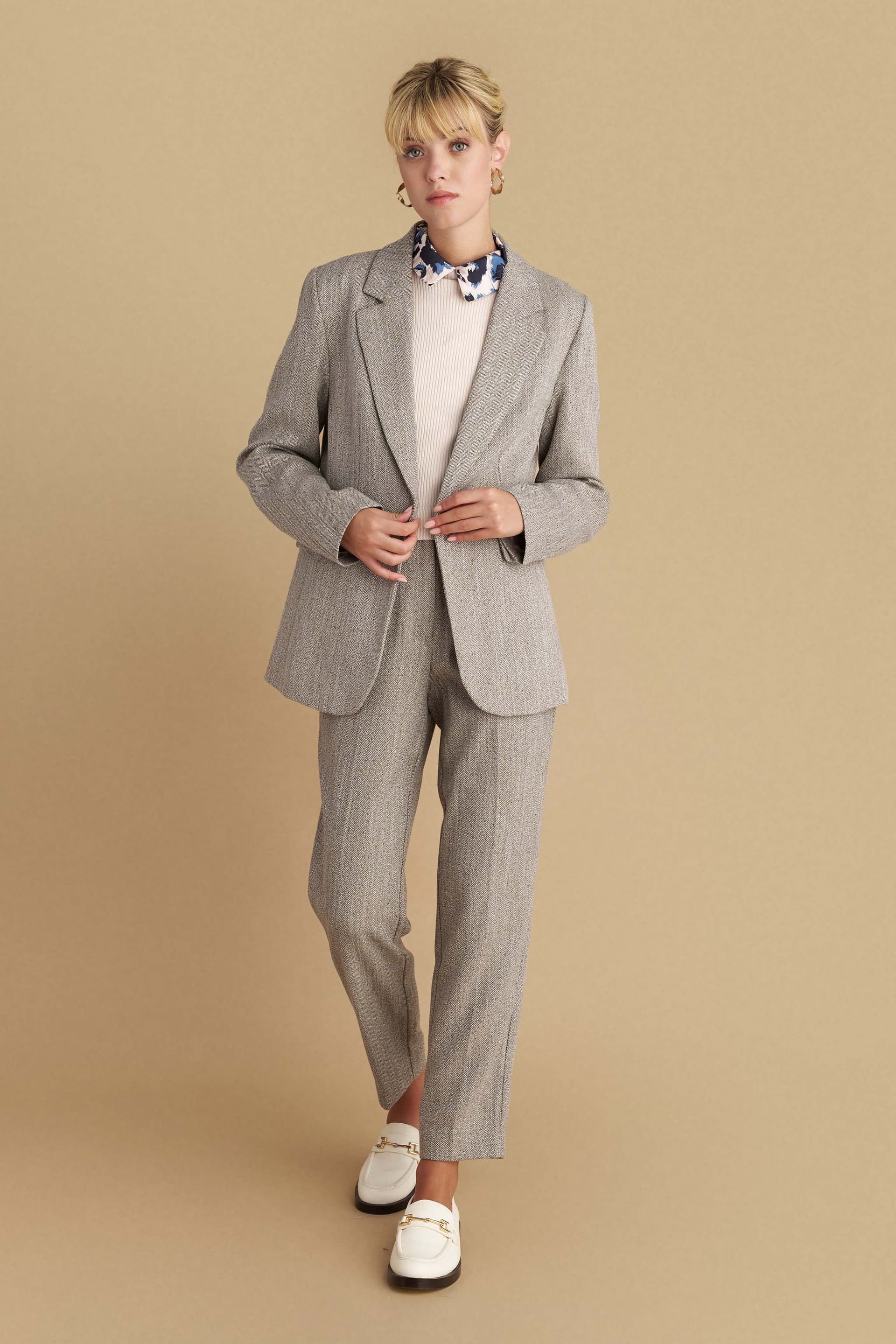 Σακάκι ψαροκόκαλο μονόκουμπο - Μπεζ