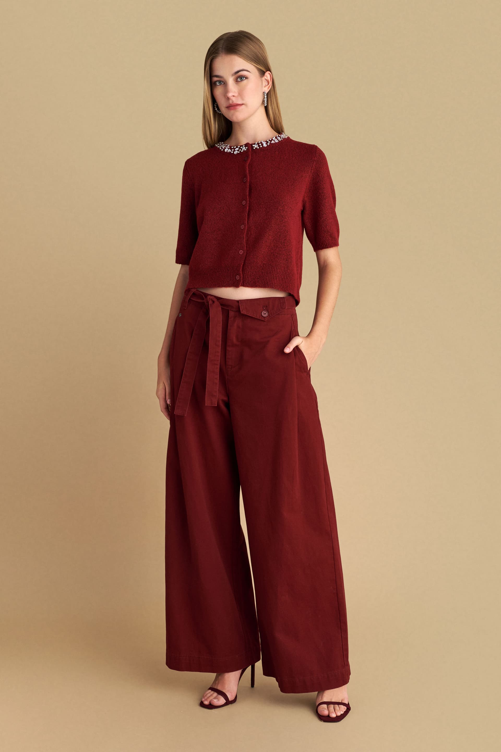 Παντελόνι paperbag με ζώνη - OXBLOOD