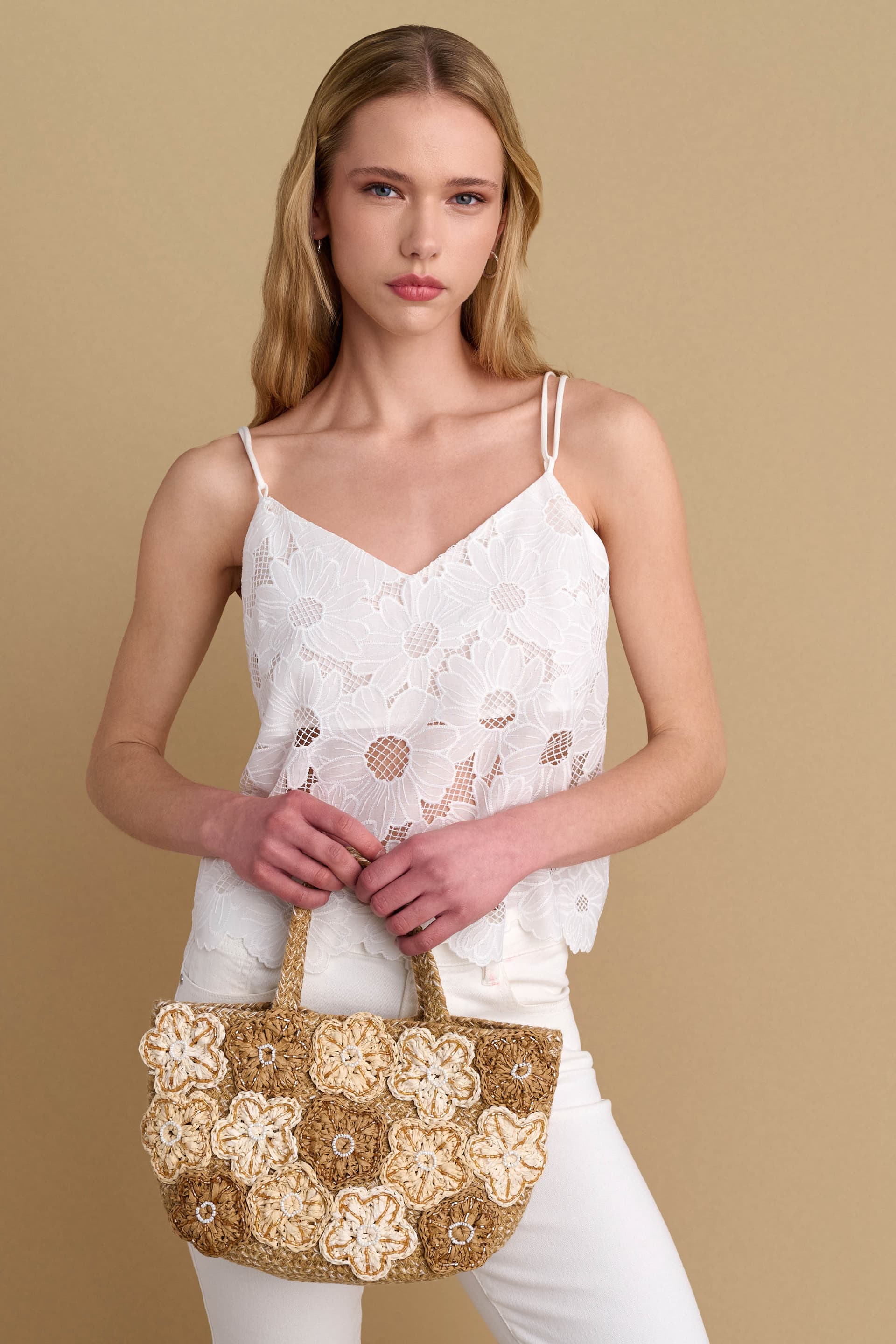 Τσάντα χειρός με λουλούδια - NATURAL