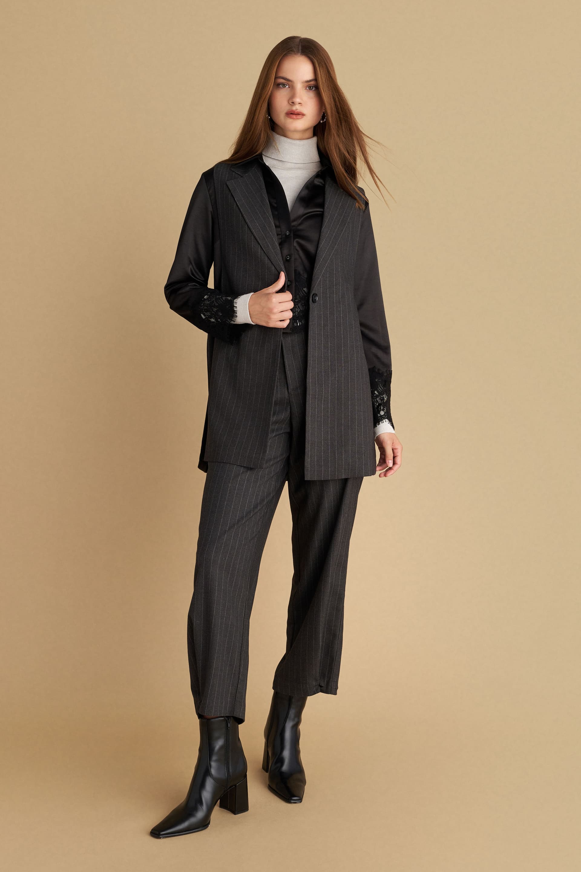 Γιλέκο μακρύ ριγέ - Γκρι