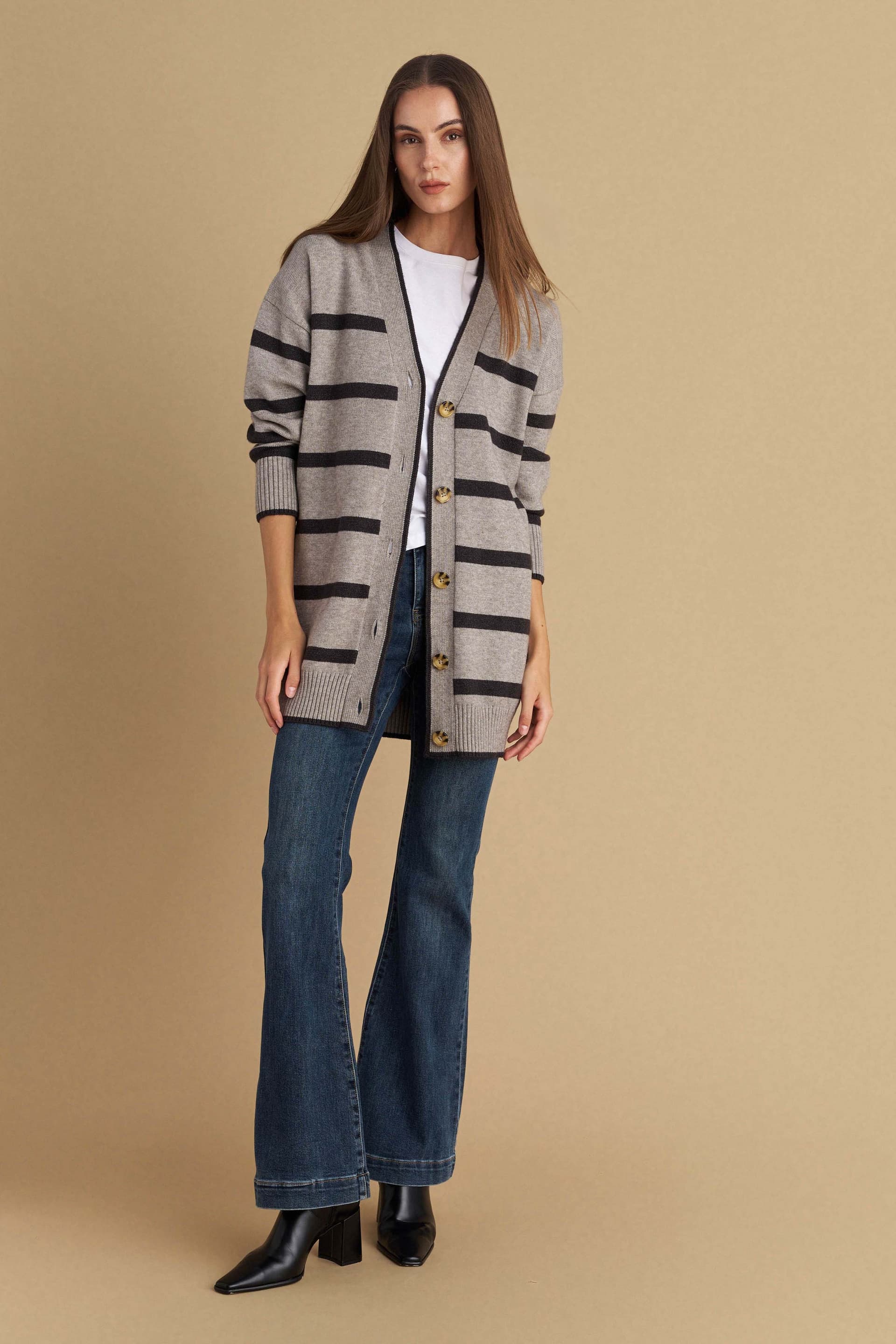 Ζακέτα μακριά πλεκτή ριγέ - Γκρι