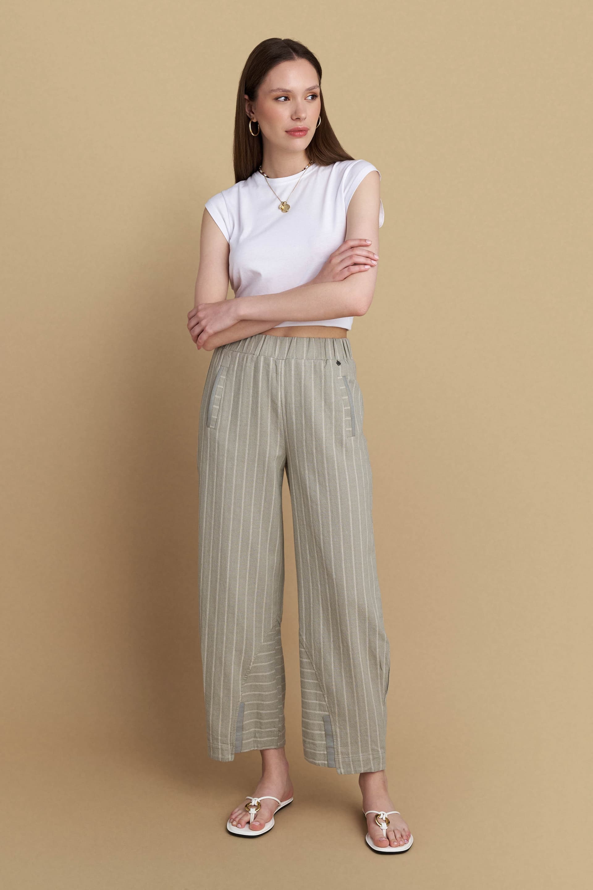 Παντελόνι ριγέ με ζώνη - Ανοιχτό Χακί