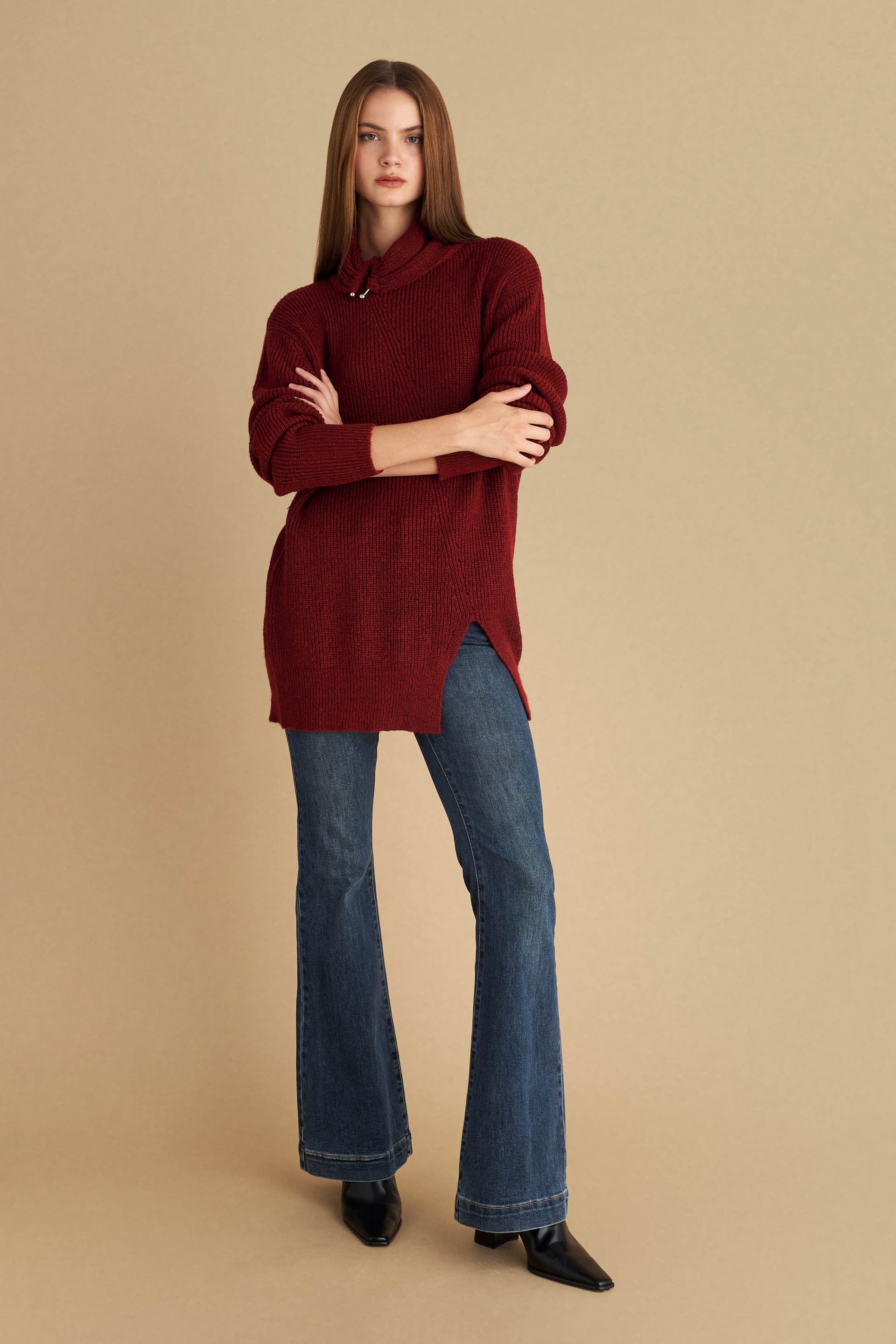 Μπλούζα πλεκτή μακριά με ασημί λεπτομέρεια - RED ROSE