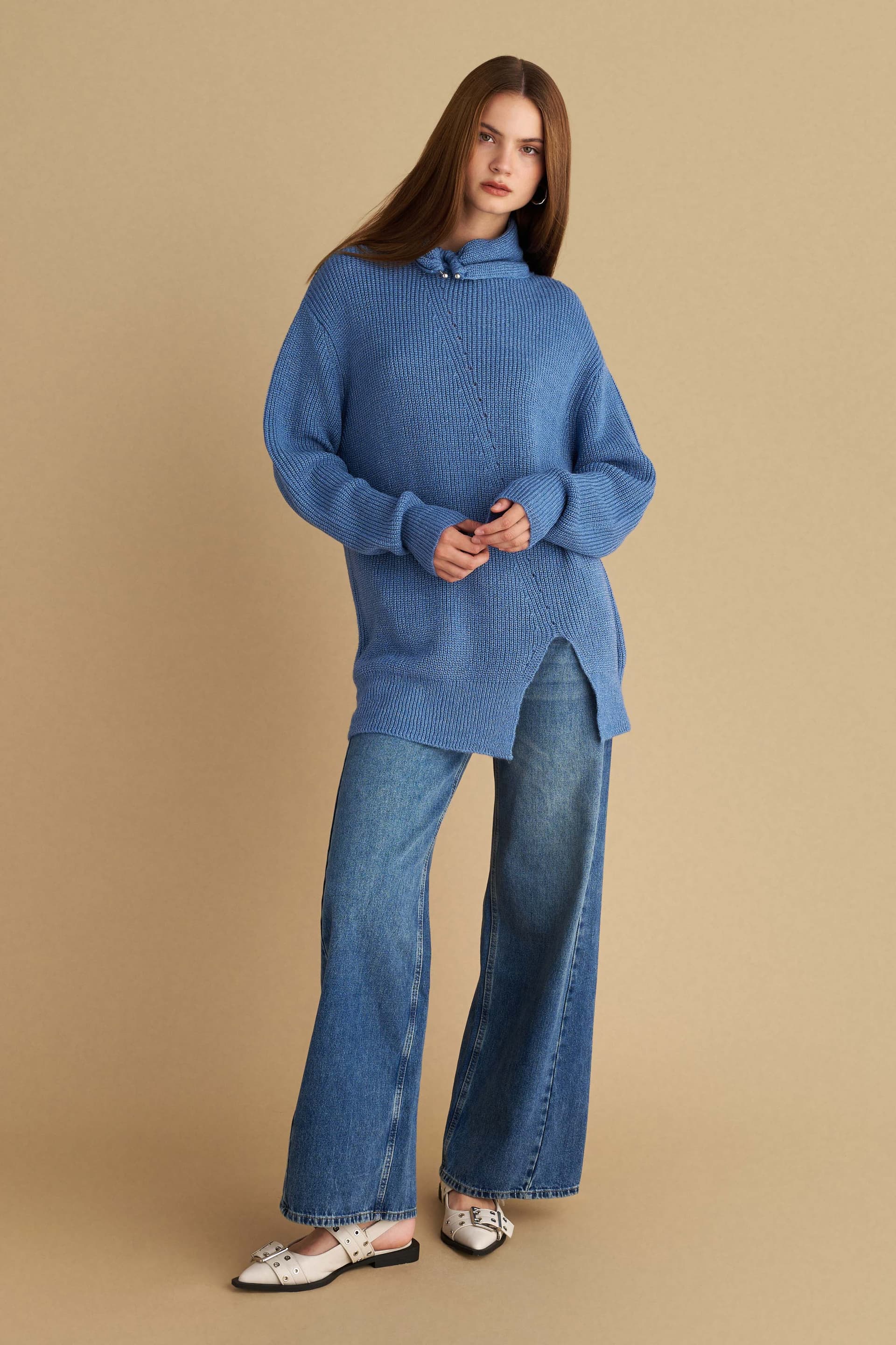 Μπλούζα πλεκτή μακριά με ασημί λεπτομέρεια - Μπλε