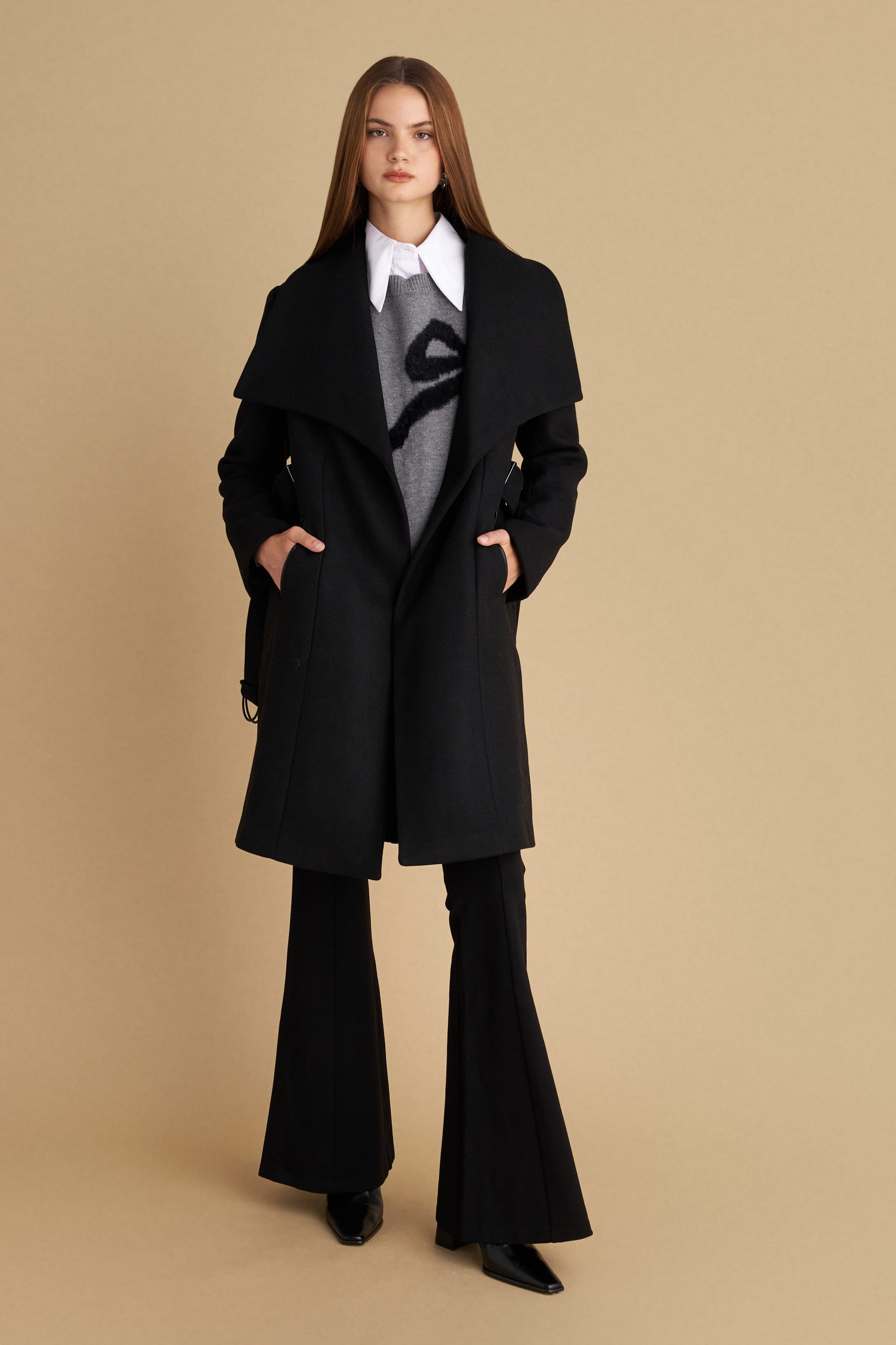 Παλτό μίντι με ζώνη - Μαύρο