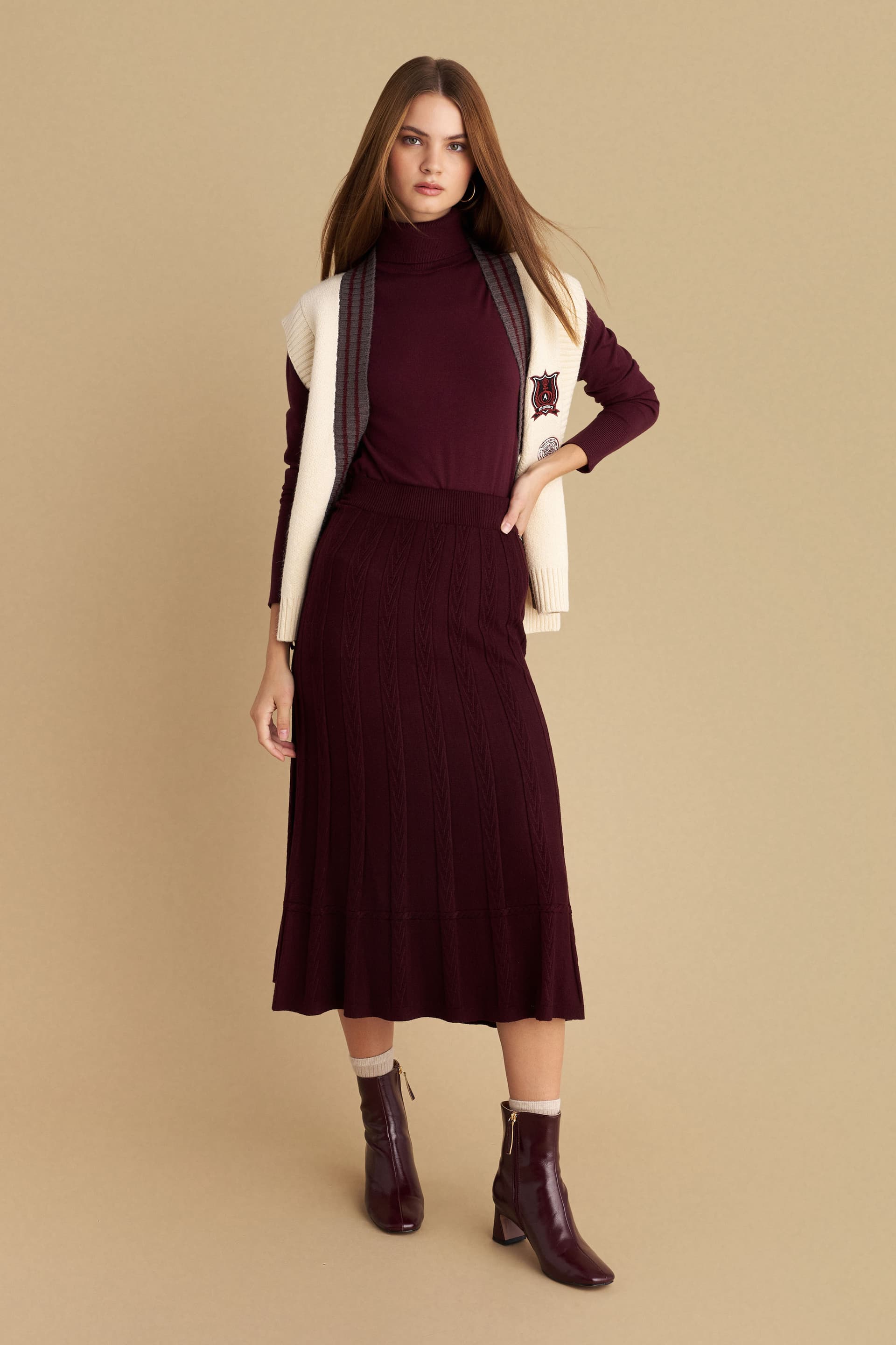 Φούστα μίντι πλεκτή - OXBLOOD