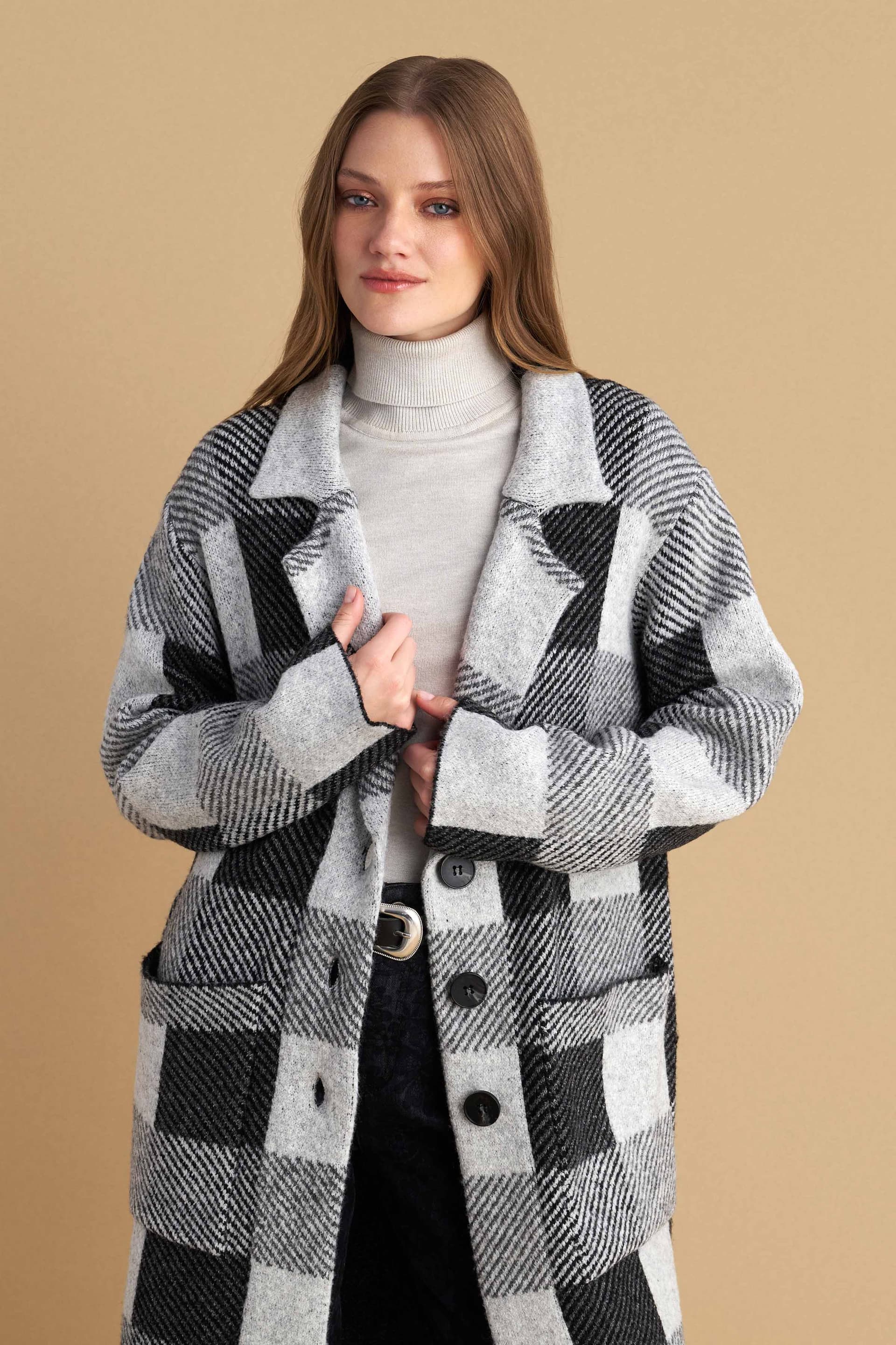 Ζακέτα πλεκτή καρό - Γκρι