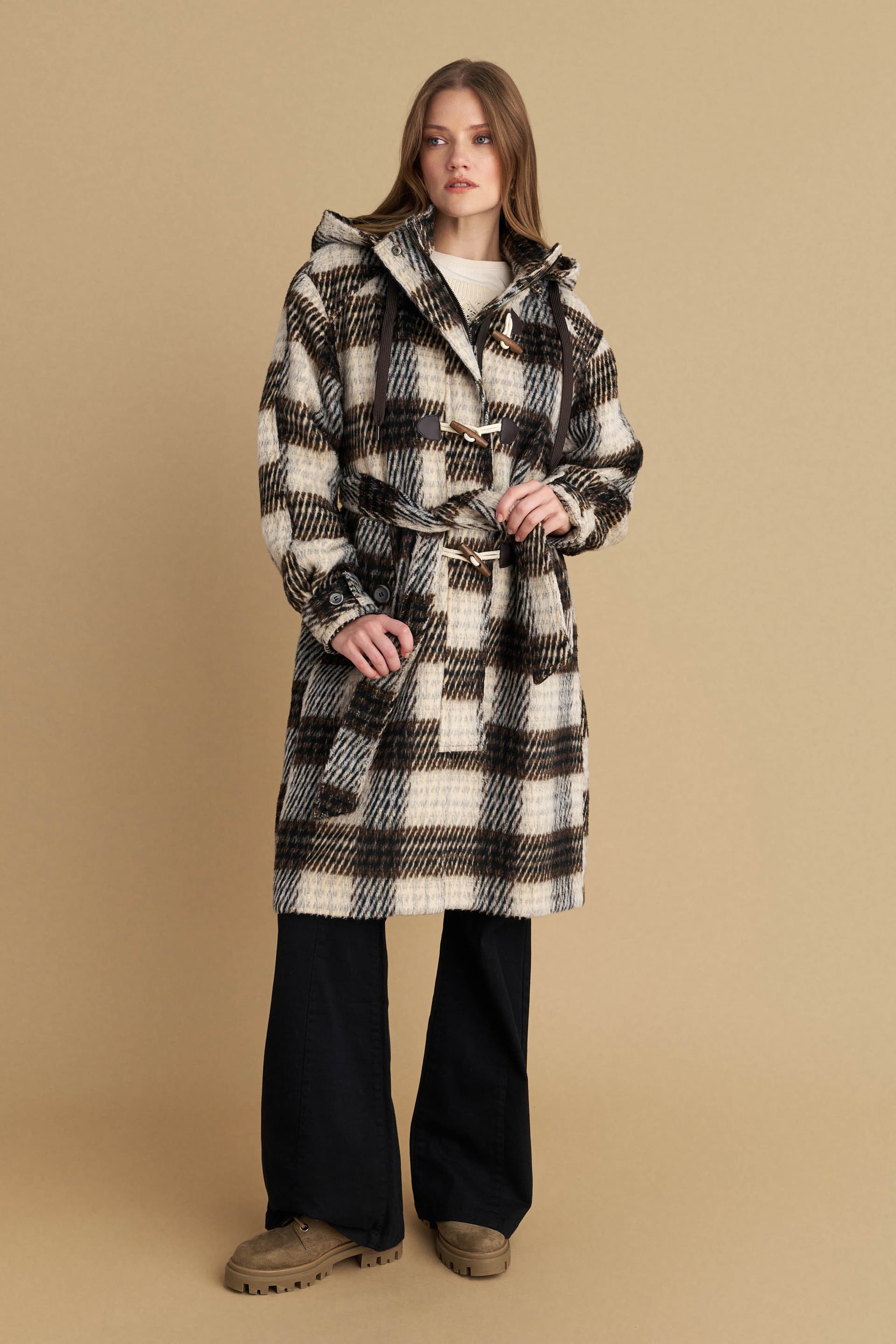 Καρό παλτό με κουκούλα και ζώνη - Λευκό