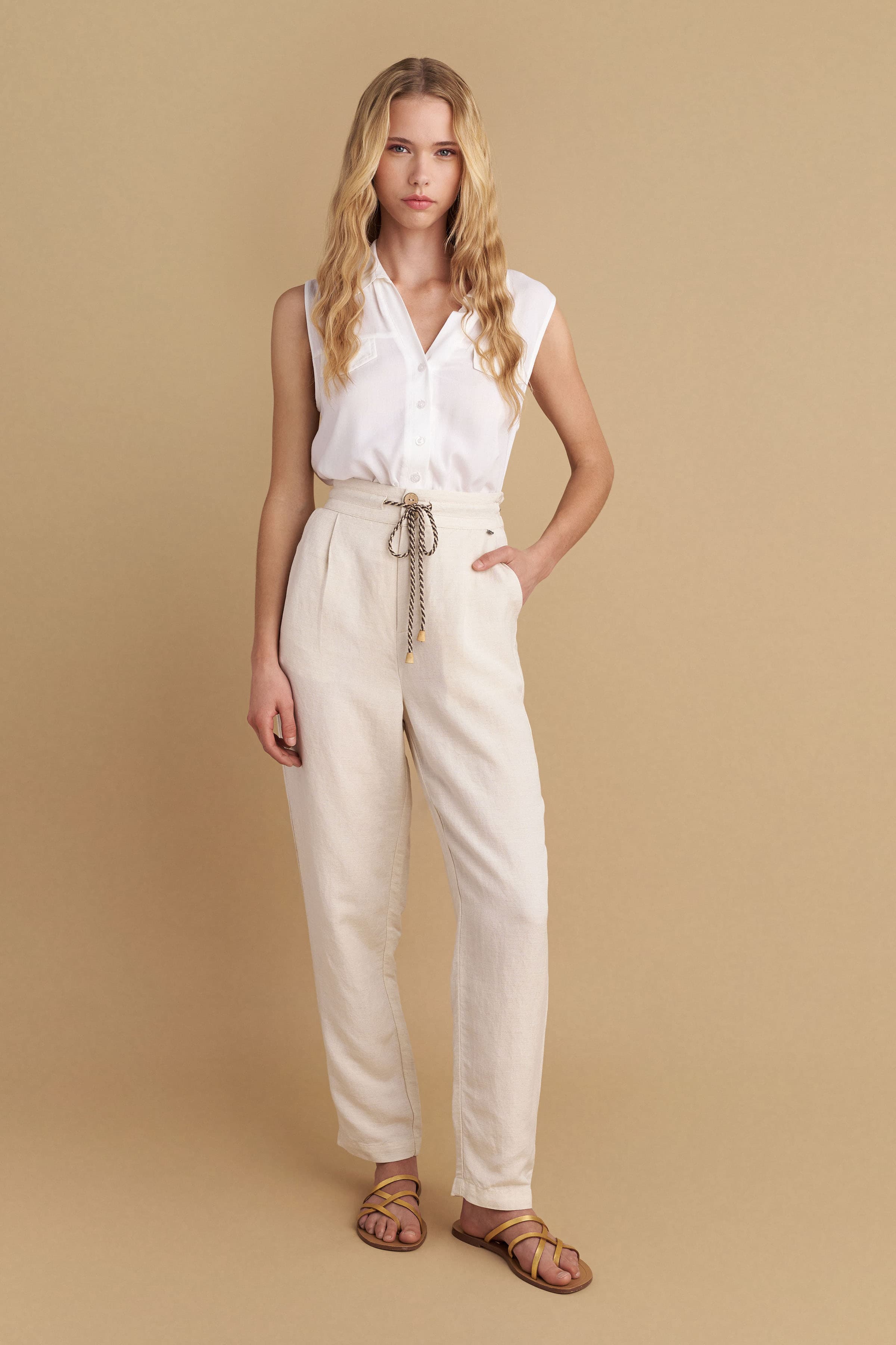 Παντελόνι λινό με κορδόνι - NATURAL
