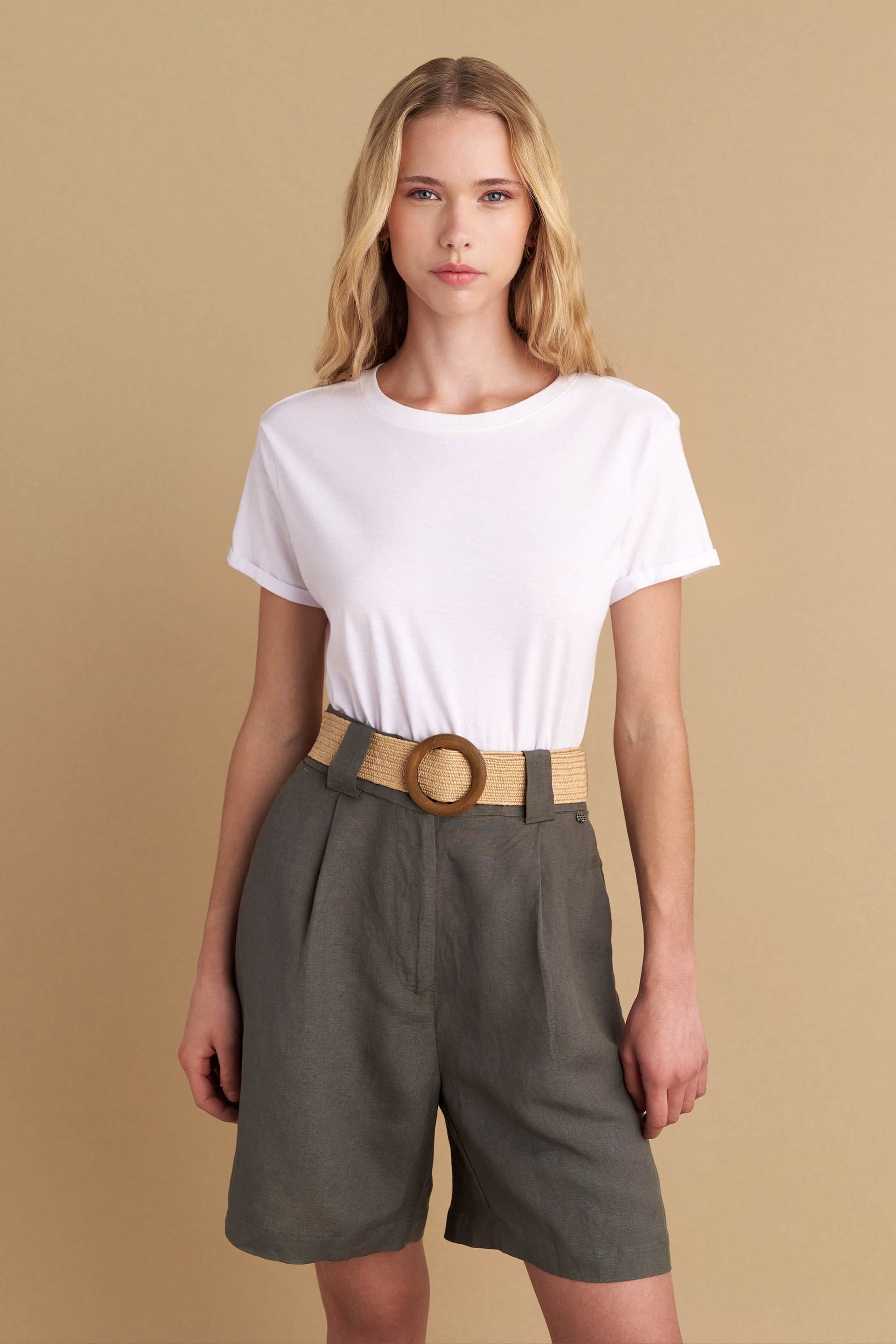 Βερμούδα λινή με ζώνη - Χακί