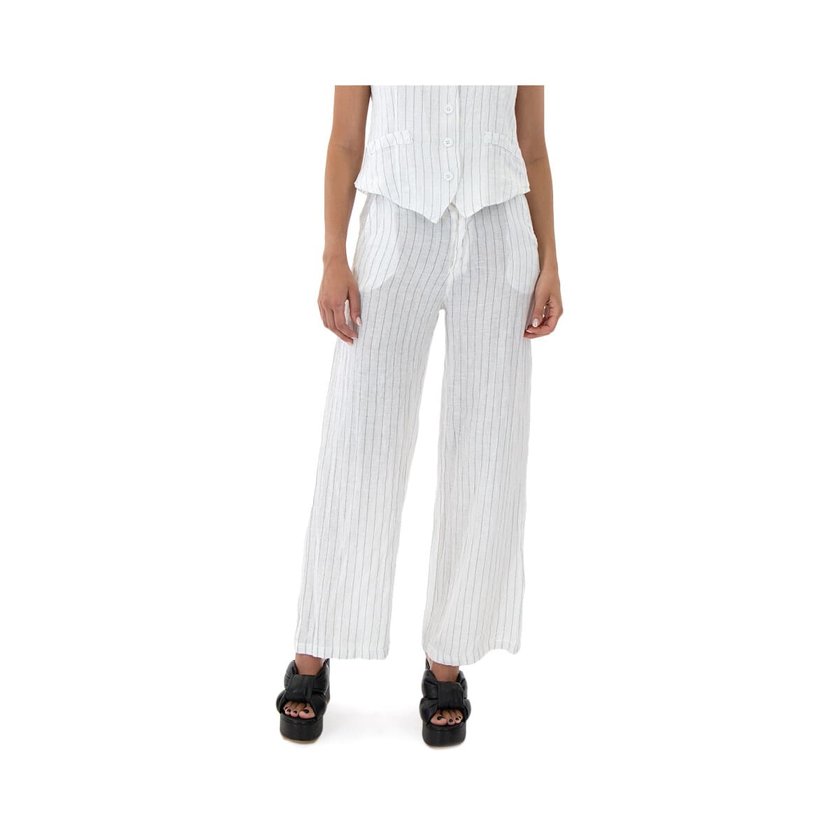 Παντελόνια Baker's Dozen LINEN STRIPED HIGH WAIST STRAIGHT FIT PANTS WOMEN