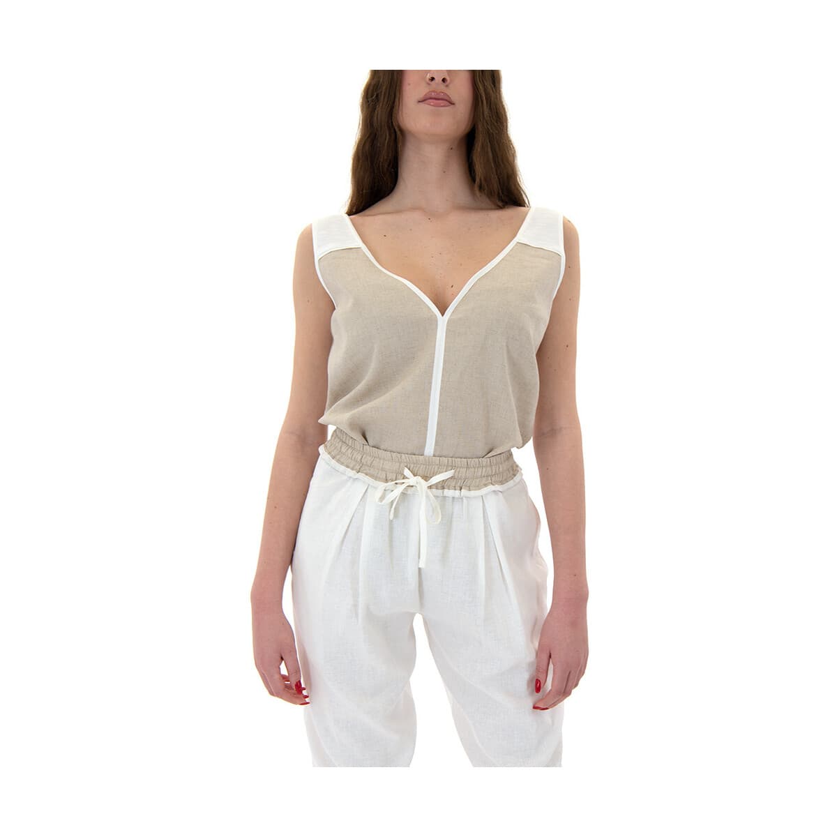 Μπλουζάκια με μακριά μανίκια Access Fashion LINEN V NECK SLEEVELESS COMFORT FIT TOP WOMEN