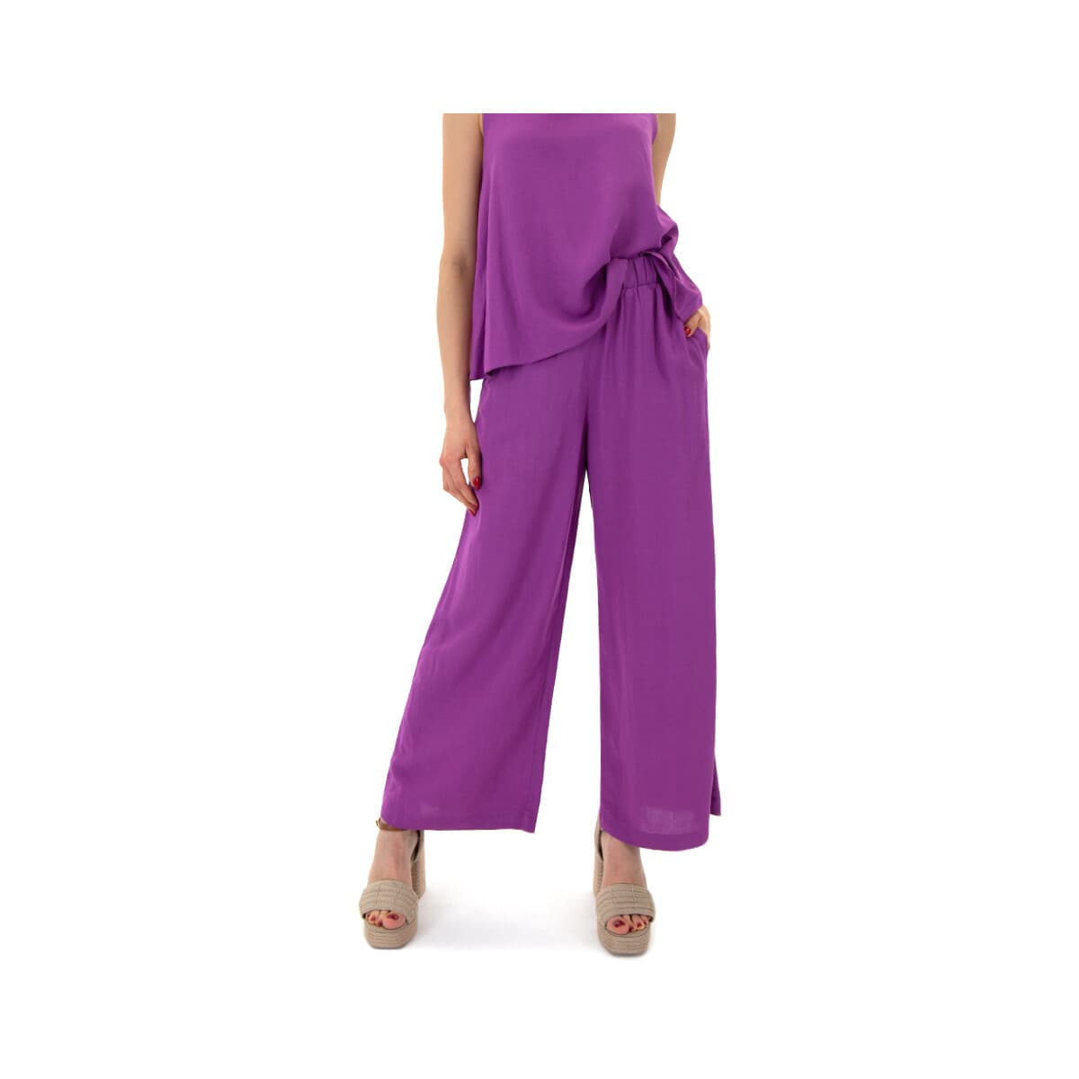 Παντελόνια Moutaki LINEN ELASTIC HIGH WAIST WIDE LEG CROP PANTS WOMEN