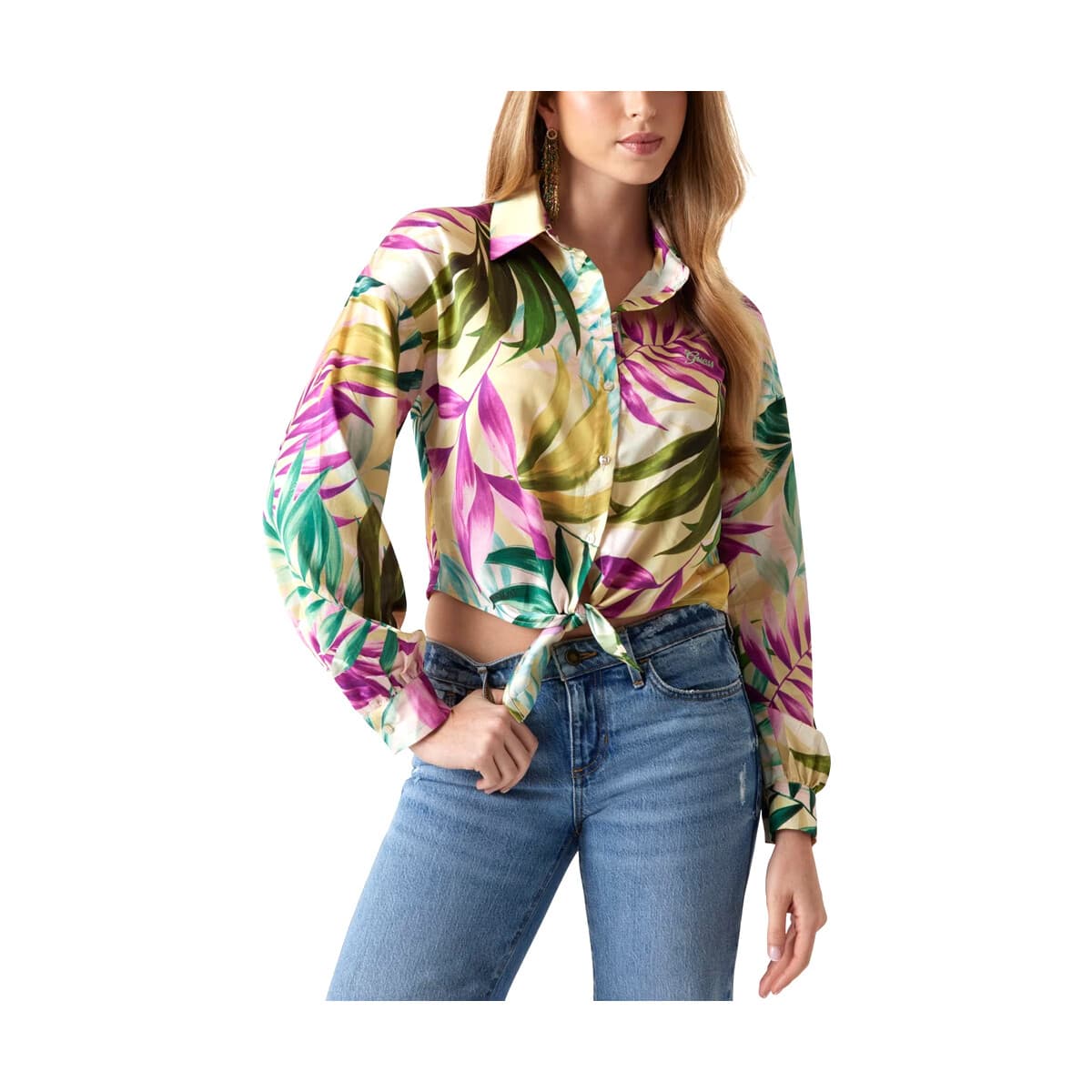 Πουκάμισα Guess NEW JUN SATIN FLORAL PRINT LONGSLEEVE WRAP SHIRT WOMEN