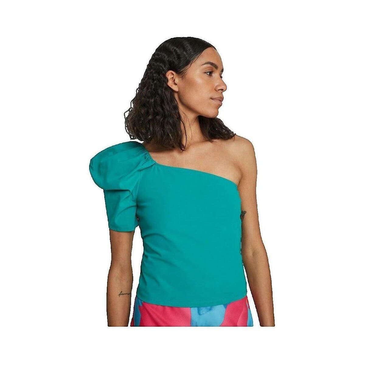Μπλούζα Vila Blouse asymétrique une épaule turquoise