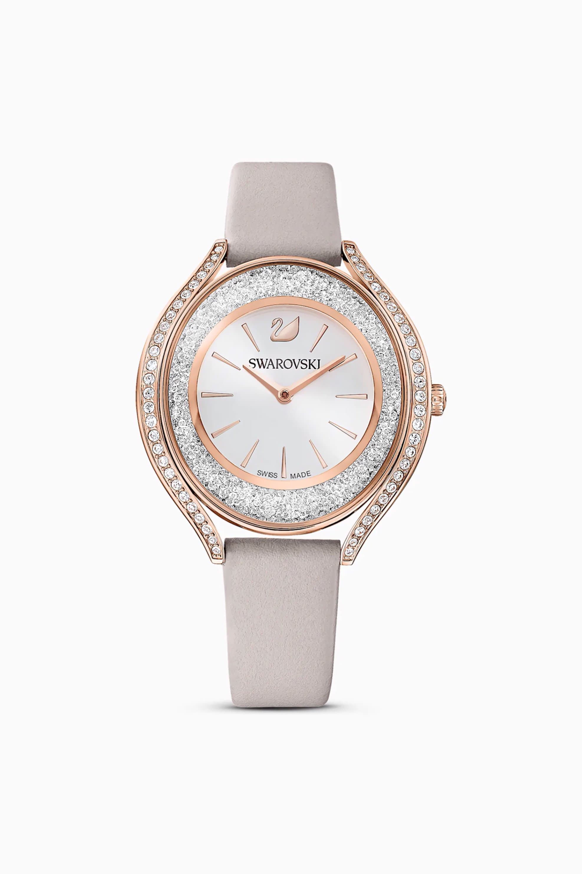 Swarovski Crystalline Aura Watch, Leather strap, Gray, Rose-gold tone PVD