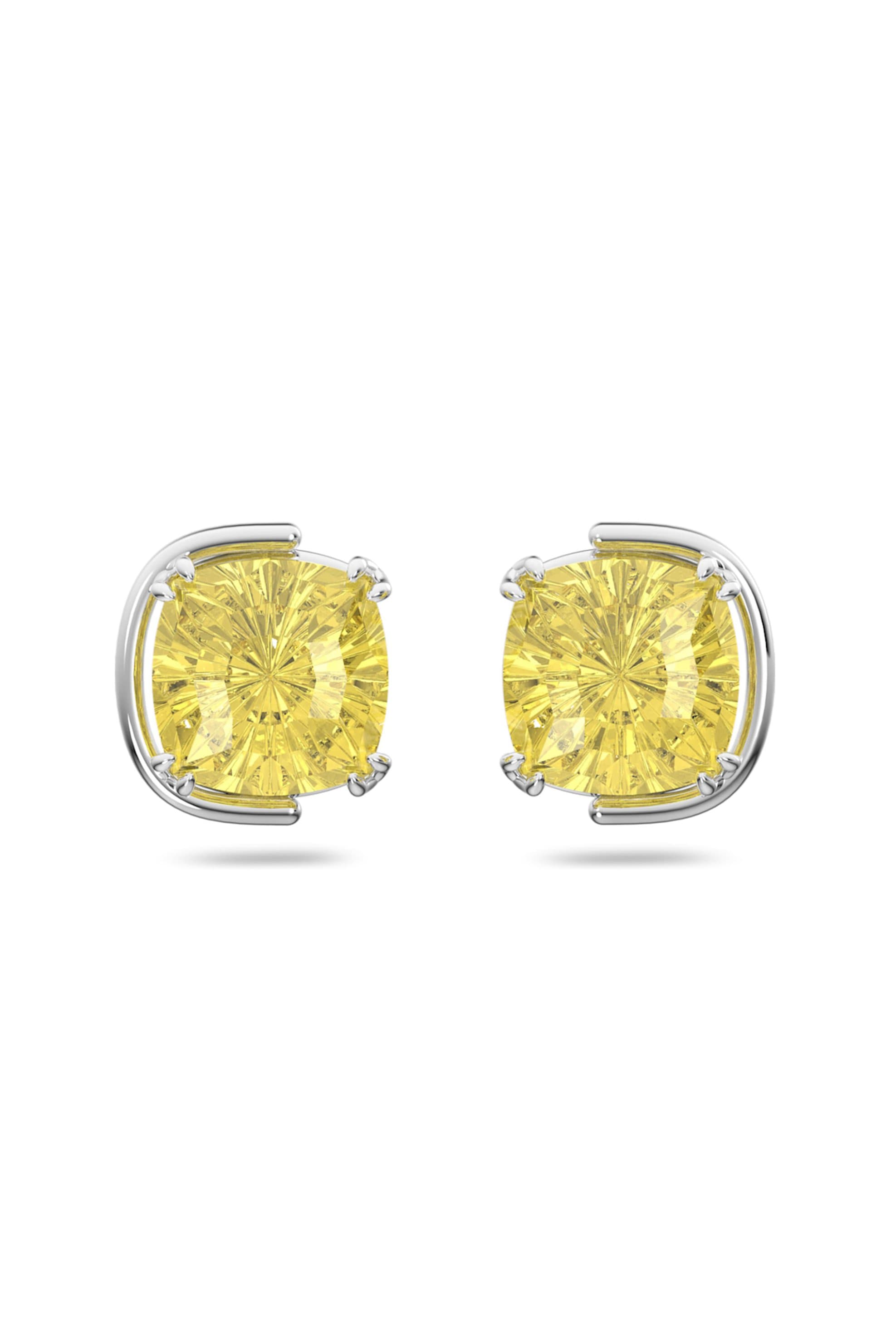 Swarovski Harmonia Stud Earrings Cushion Cut Crystals, Yellow, Rhodium Plated