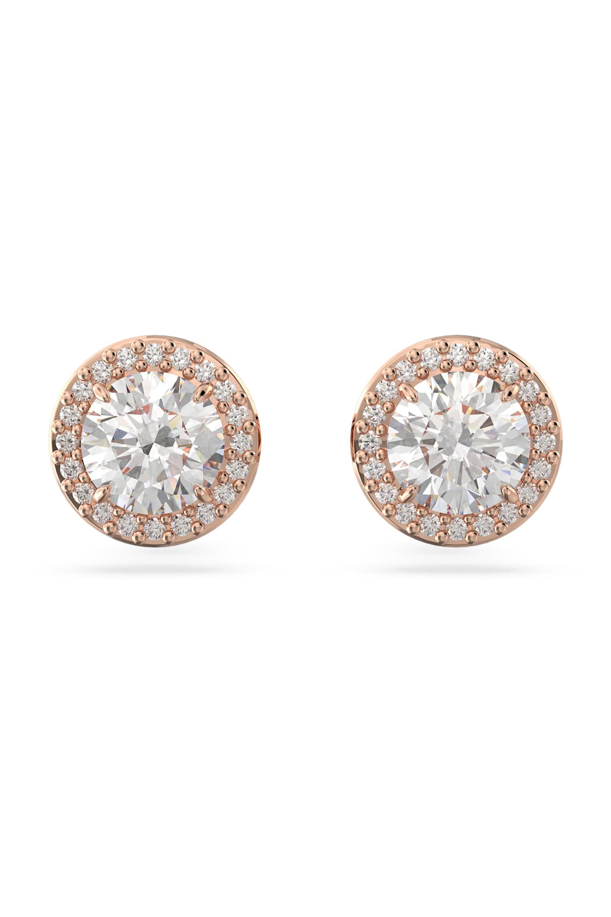 Swarovski unisex σκουλαρίκια με καρφάκι στρογγυλή κοπή, pavé, λευκά, επιμετάλλωση σε ροζ χρυσαφί τόνο "Constella"