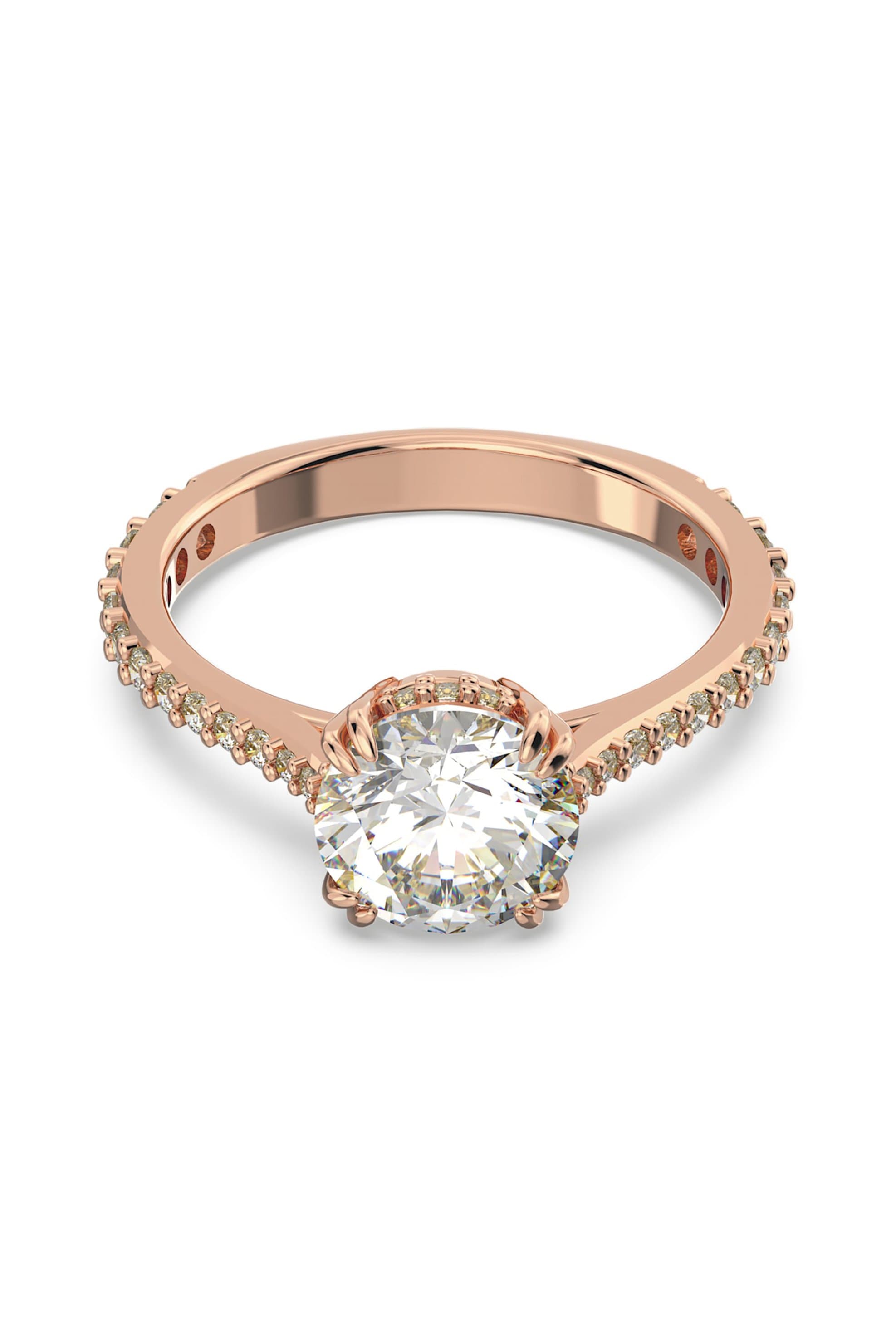 Swarovski γυναικείο δαχτυλίδι κοκτέιλ κοπή princess pavé, λευκό, επιμετάλλωση σε ροζ χρυσαφί τόνο "Constella"