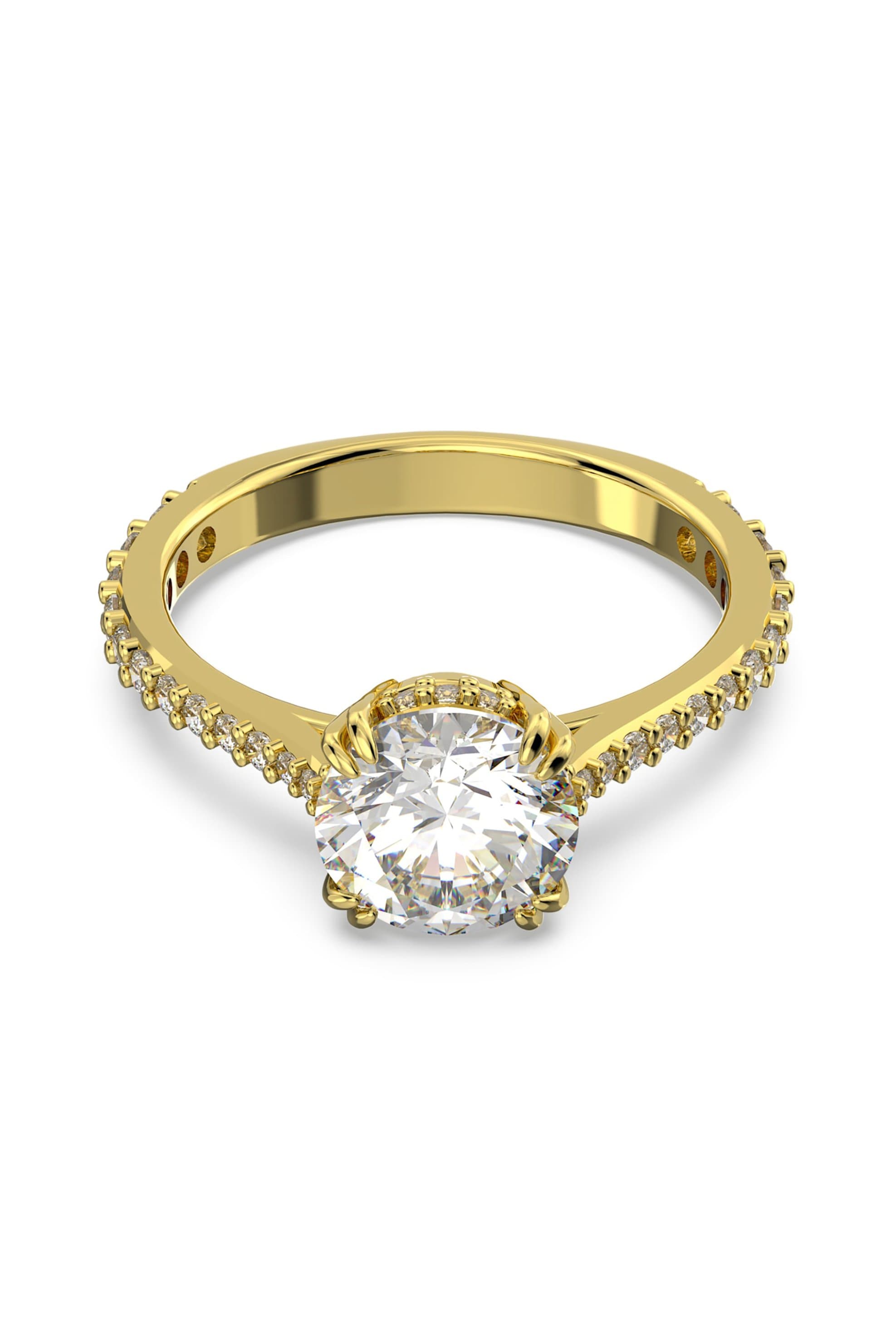 Swarovski γυναικείο δαχτυλίδι κοκτέιλ, κοπή princess pavé, λευκό, επιμετάλλωση σε χρυσαφί τόνο "Constella"