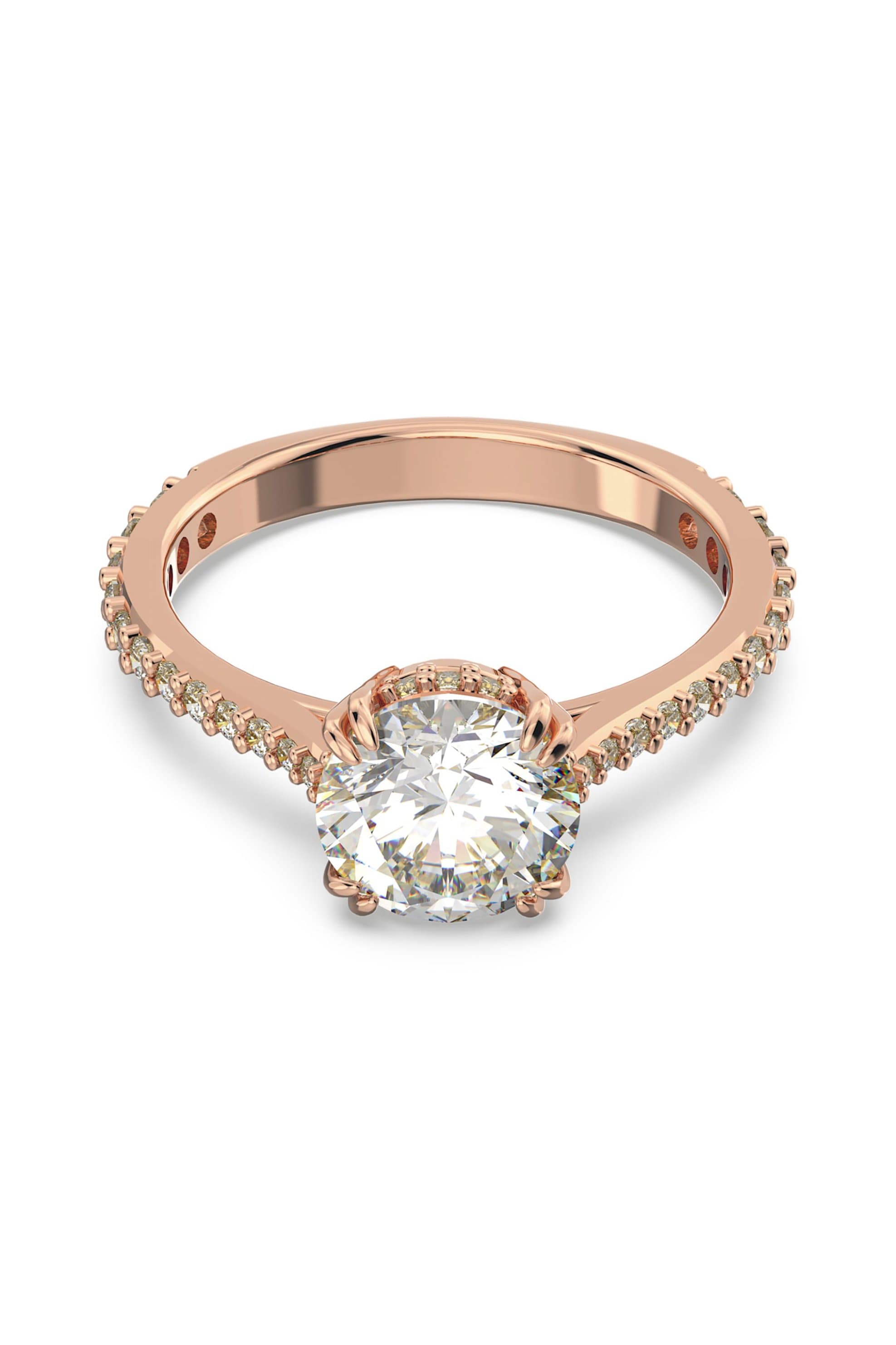 Swarovski γυναικείο δαχτυλίδι κοκτέιλ, κοπή princess pavé, λευκό, επιμετάλλωση σε ροζ χρυσαφί τόνο "Constella"