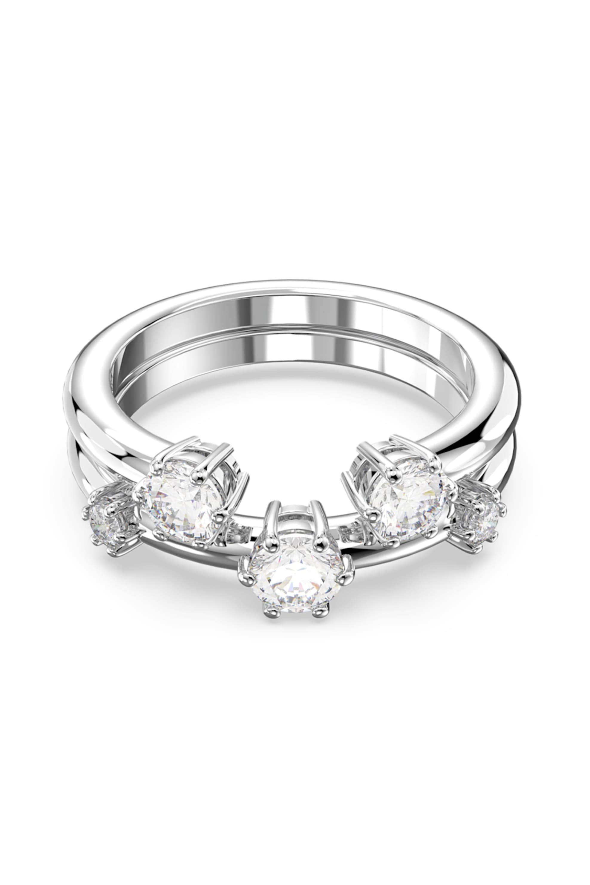 Swarovski δαχτυλίδι σετ, στρογγυλή κοπή, λευκό, επιμετάλλωση ροδίου "Constella" (2 τεμάχια) (58)