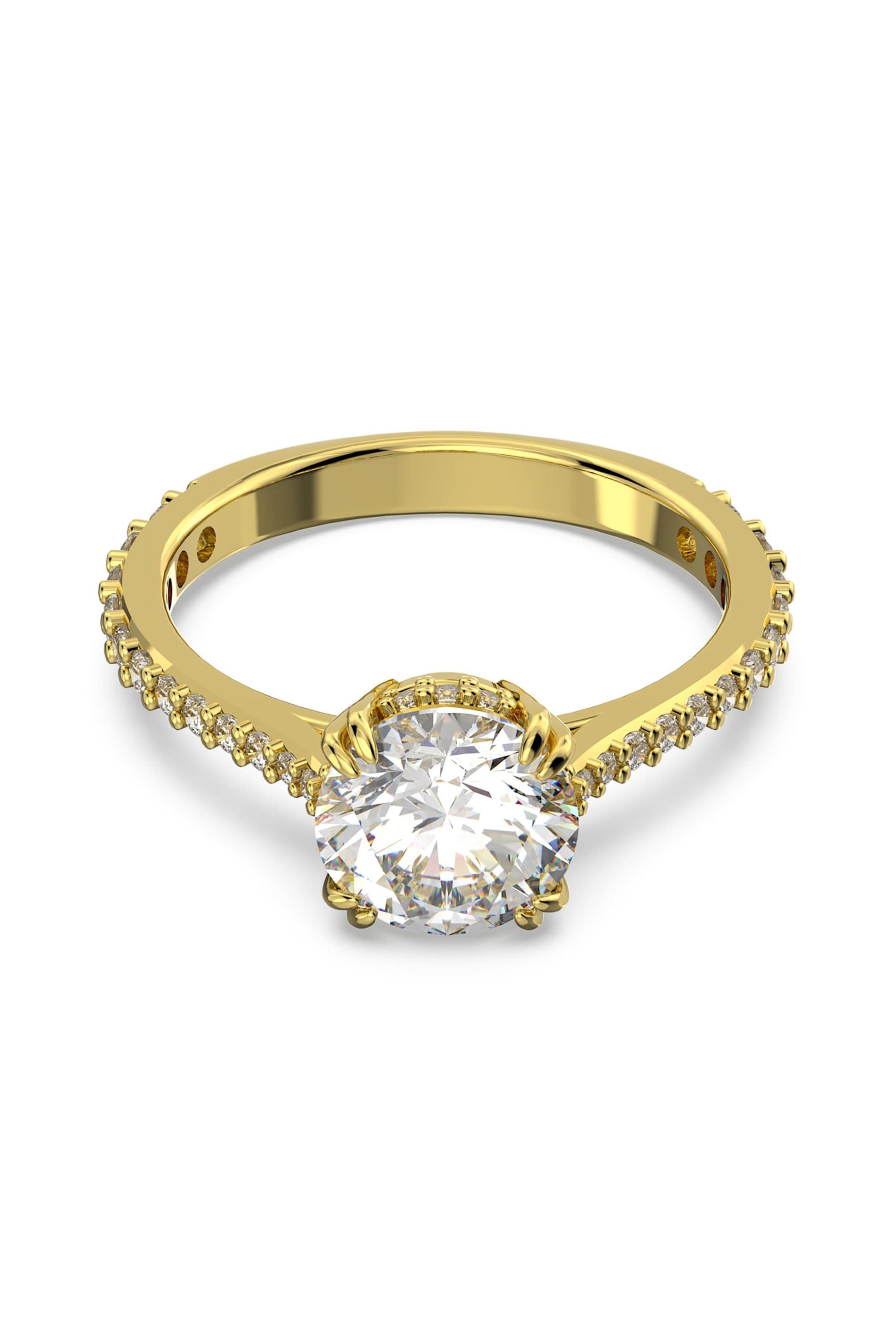 Swarovski γυναικείο δαχτυλίδι κοκτέιλ κοπή princess pavé, λευκό, επιμετάλλωση σε χρυσαφί τόνο "Constella"