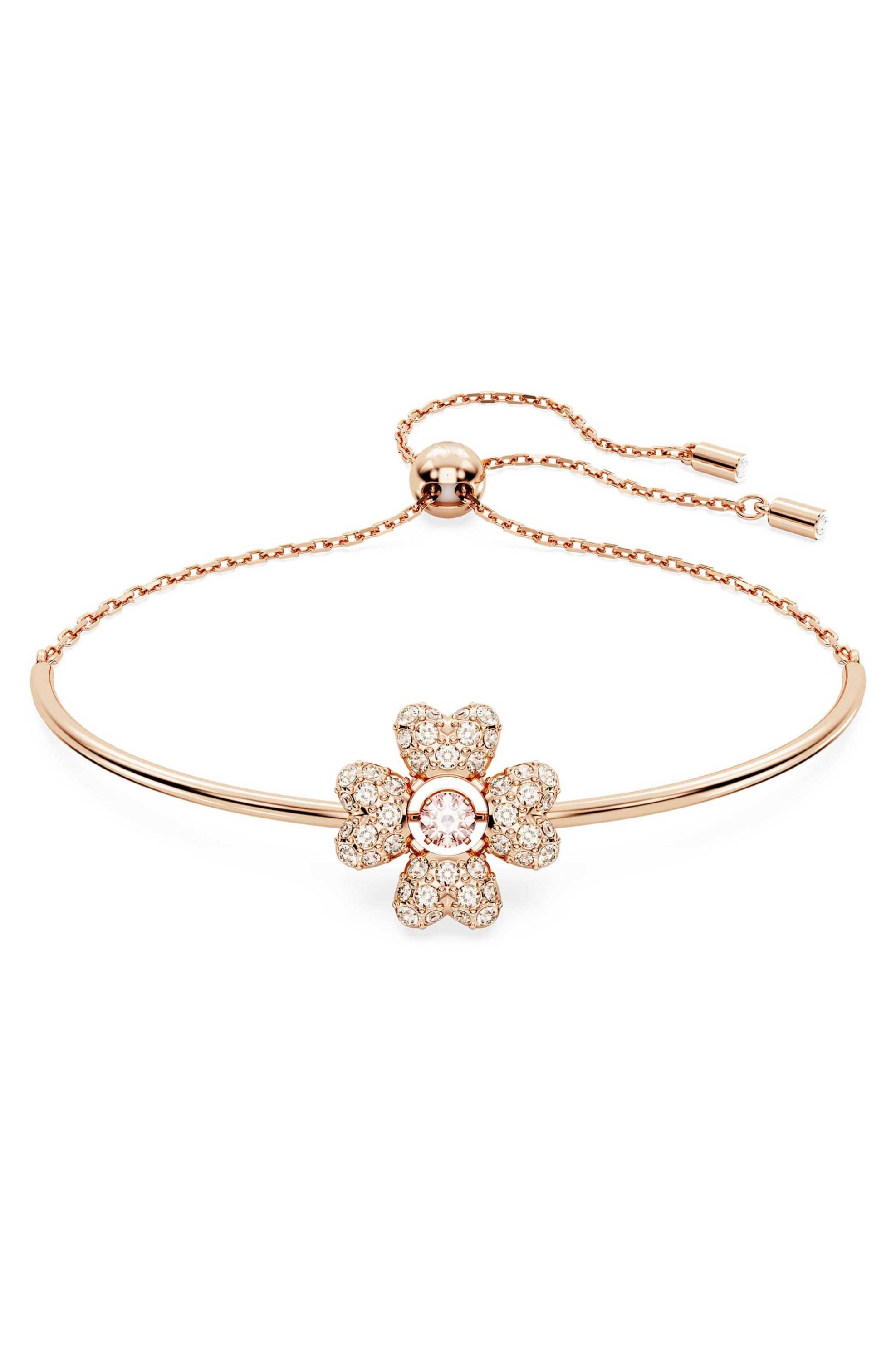 Swarovski γυναικείο βραχιόλι τριφύλλι, λευκό, επιμετάλλωση σε ροζ χρυσαφί τόνο "Idyllia"