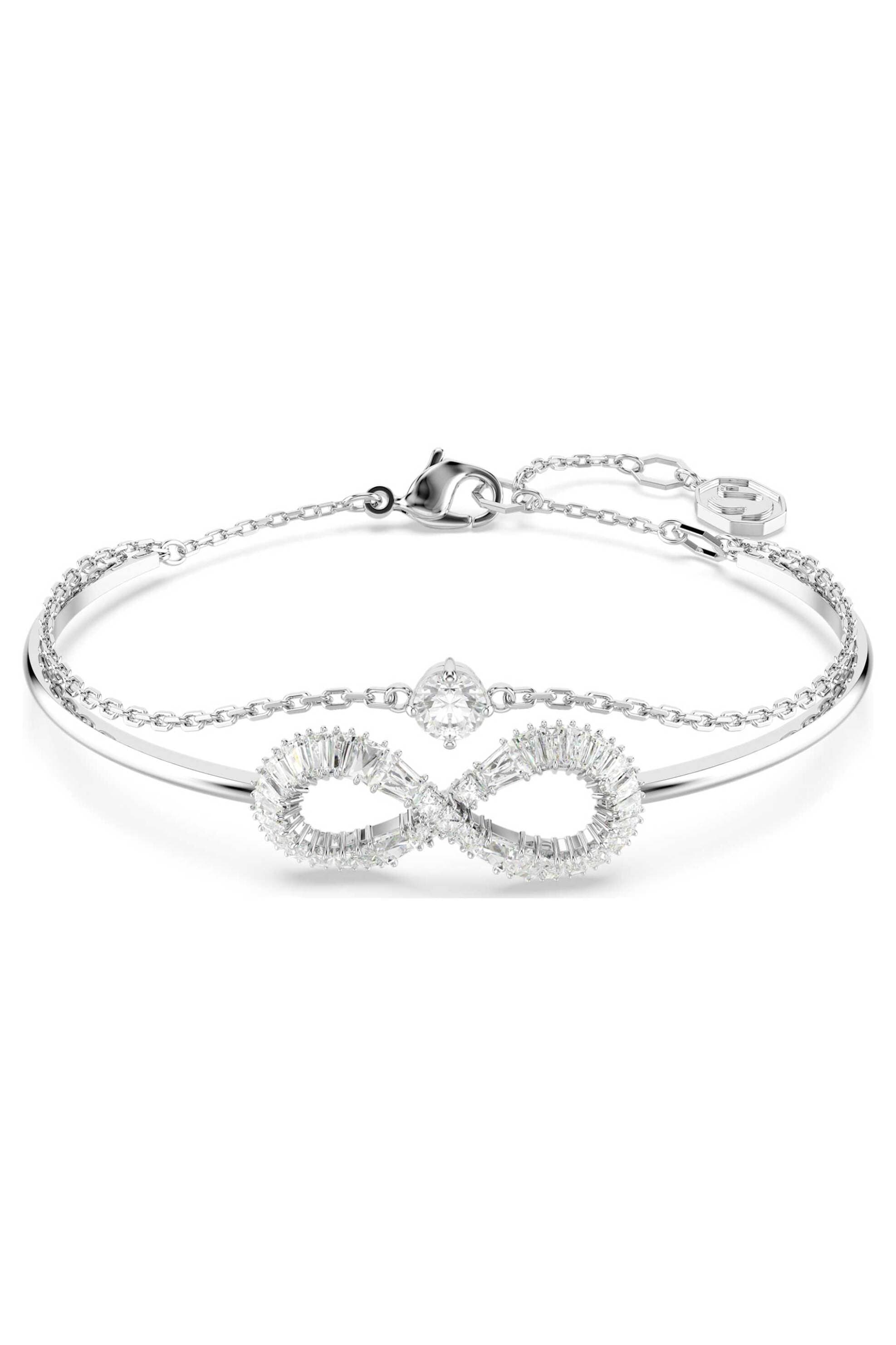 Swarovski γυναικείο άκαμπτο βραχιόλι άπειρο, λευκό, επιμετάλλωση ροδίου "Hyperbola"