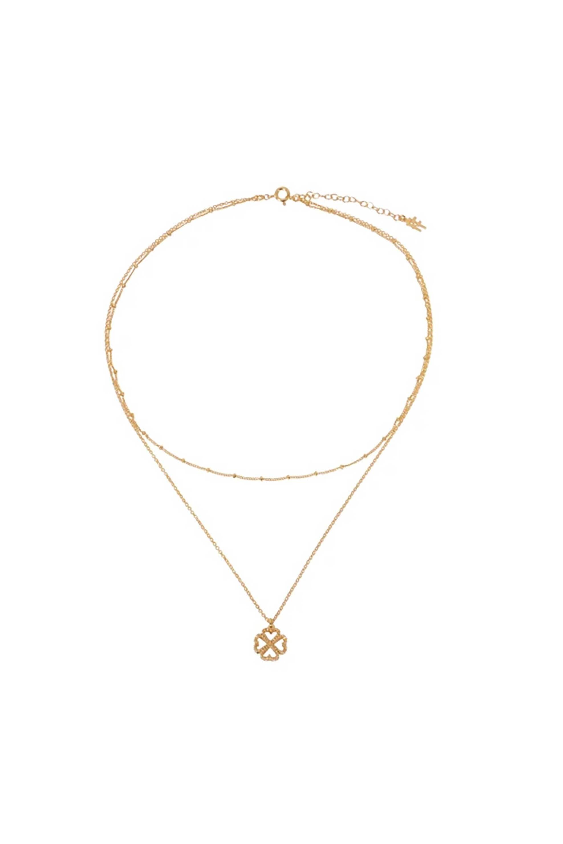 Folli Follie γυναικείο κοντό επίχρυσο κολιέ διπλή αλυσίδα με τέσσερις καρδιές ενωμένες "Hollow H4H"