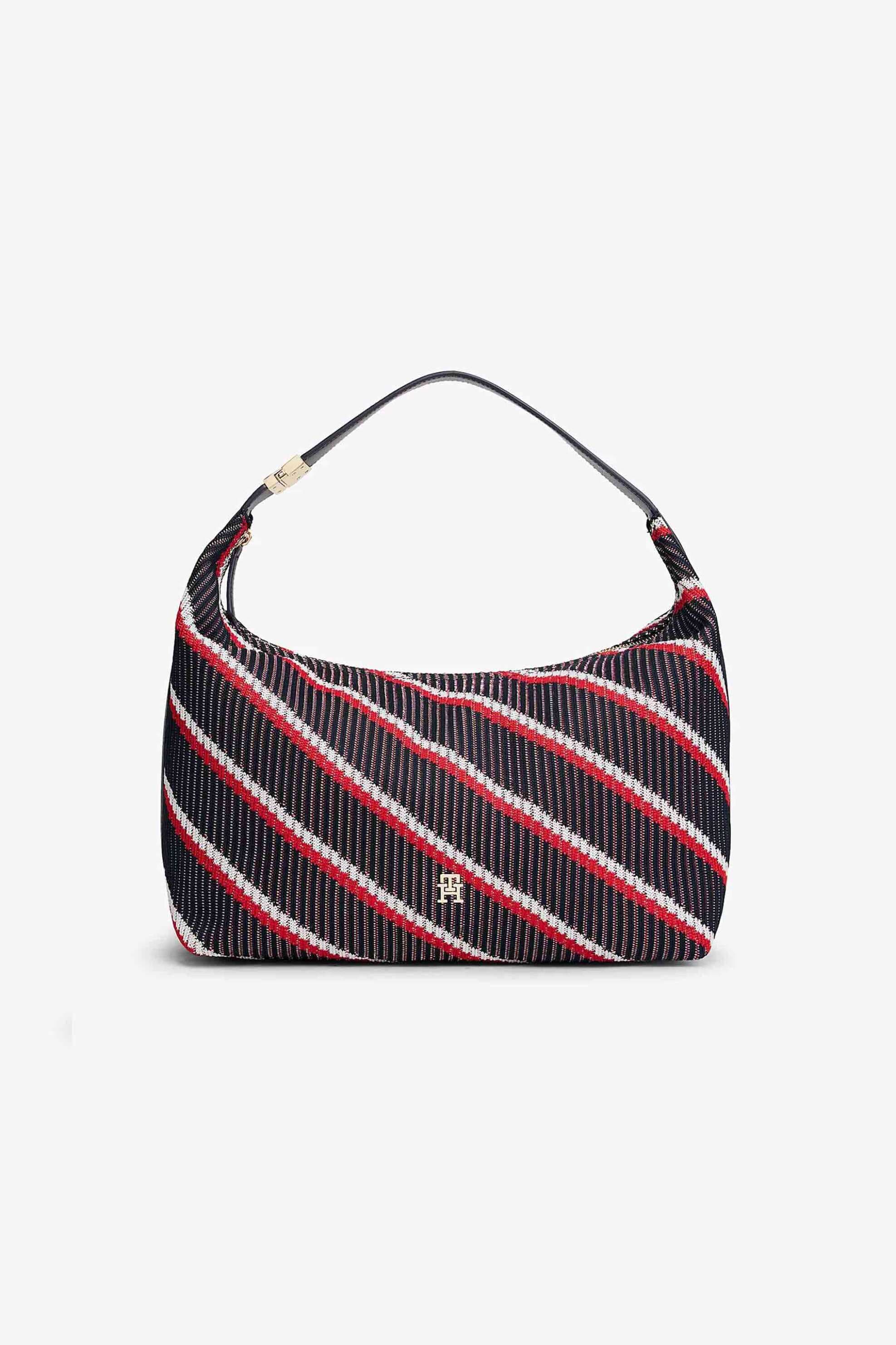 Tommy Hilfiger γυναικεία τσάντα ώμου hobo με μεταλλικό monogram και ριγέ σχέδιο "TH Monogram Signature" - AW0AW18166 Μαύρο | ONE SIZE