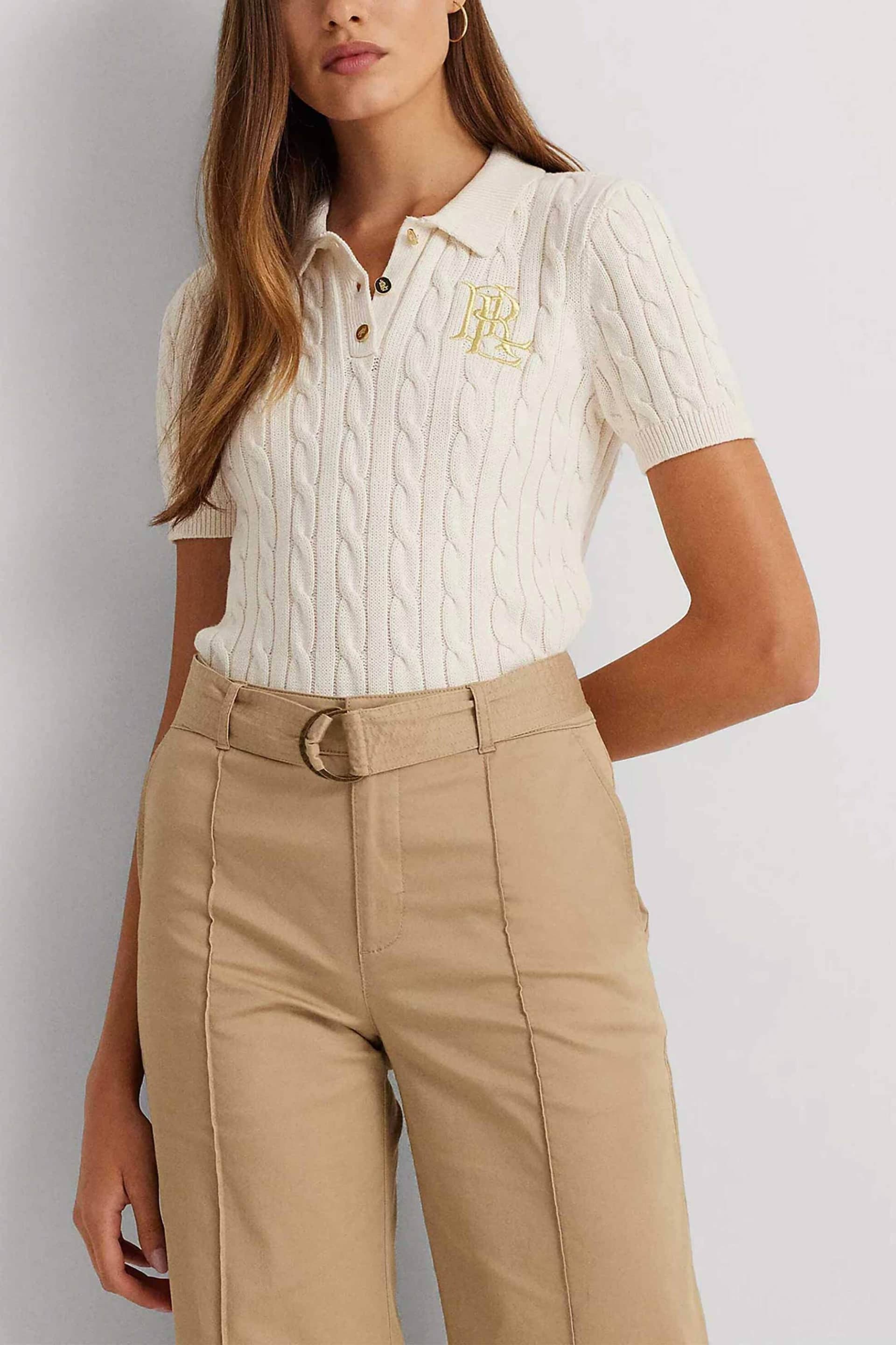 Lauren Ralph Lauren γυναικείο πλεκτό πουλόβερ μονόχρωμο βαμβακερό με πόλο γιακά και ανάγλυφα σχέδια | L