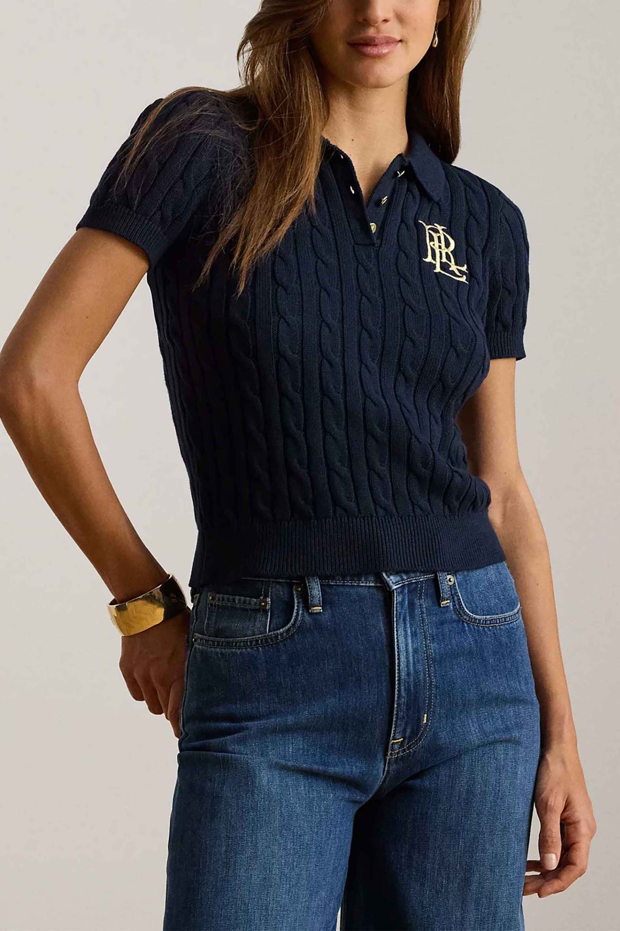 Lauren Ralph Lauren γυναικεία πλεκτή μπλούζα πόλο με cable knit pattern και κεντημένο monogram Slim Fit