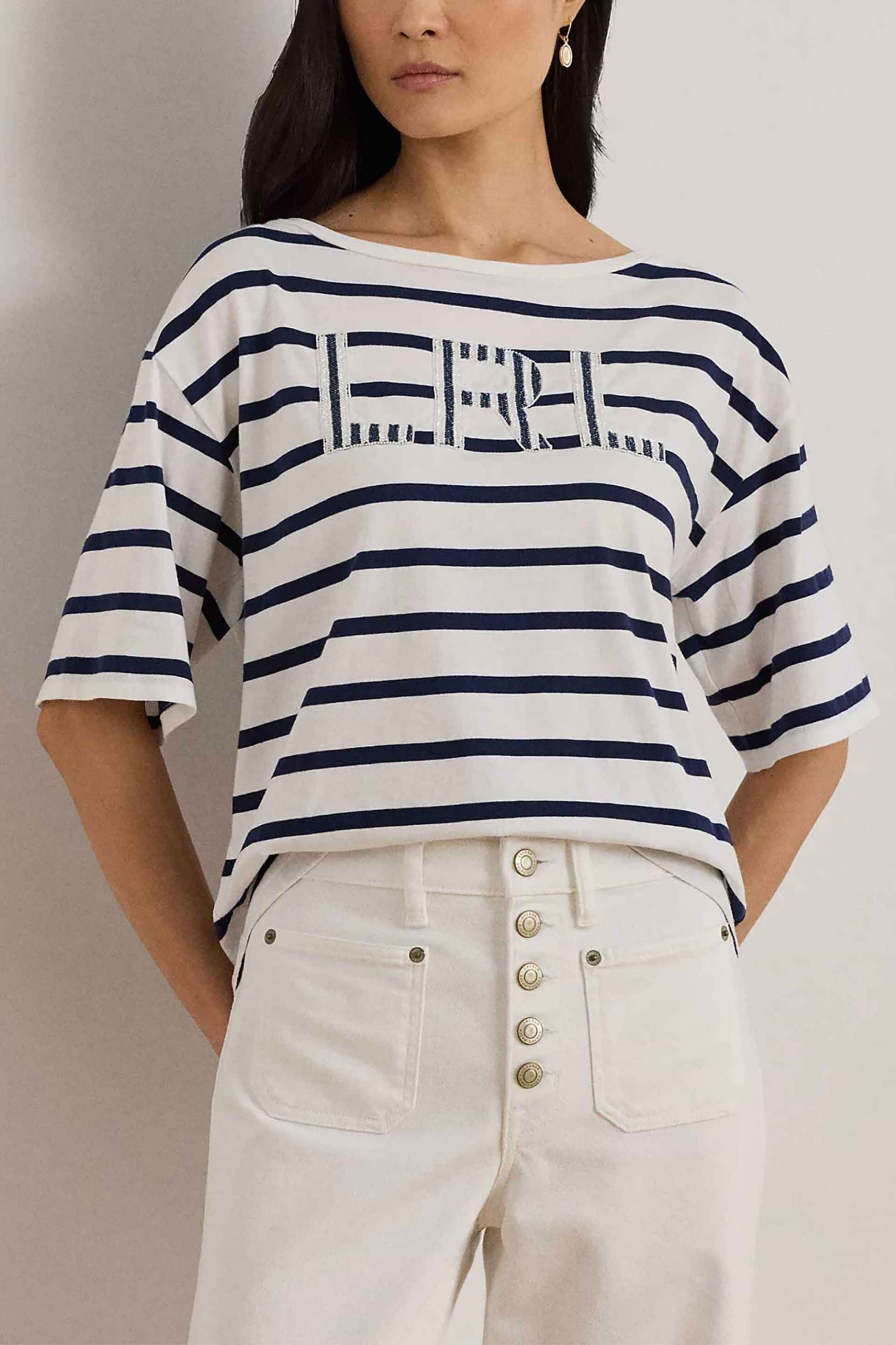 Lauren Ralph Lauren γυναικείο T-shirt με ριγέ σχέδιο και monogram Relaxed Boxy Fit