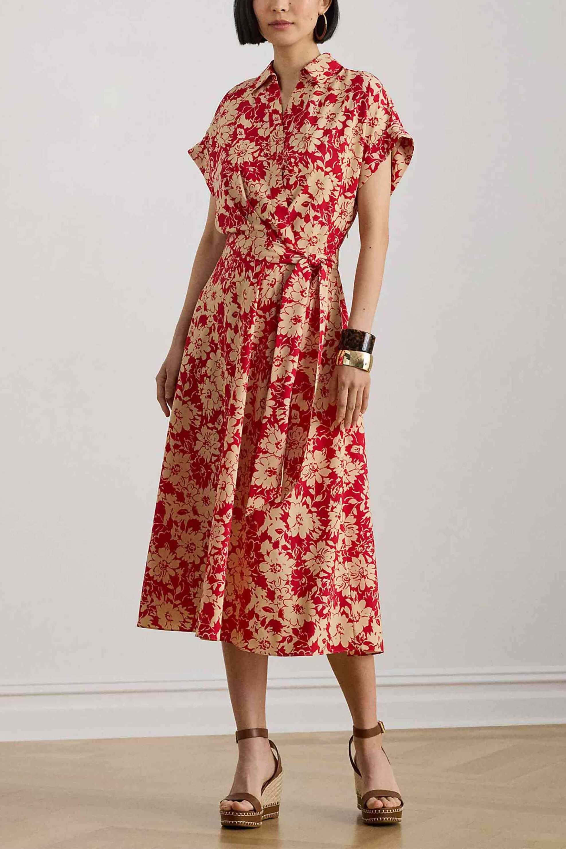 Lauren Ralph Lauren γυναικείο midi φόρεμα κρουαζέ με floral print και ζώνη A-line