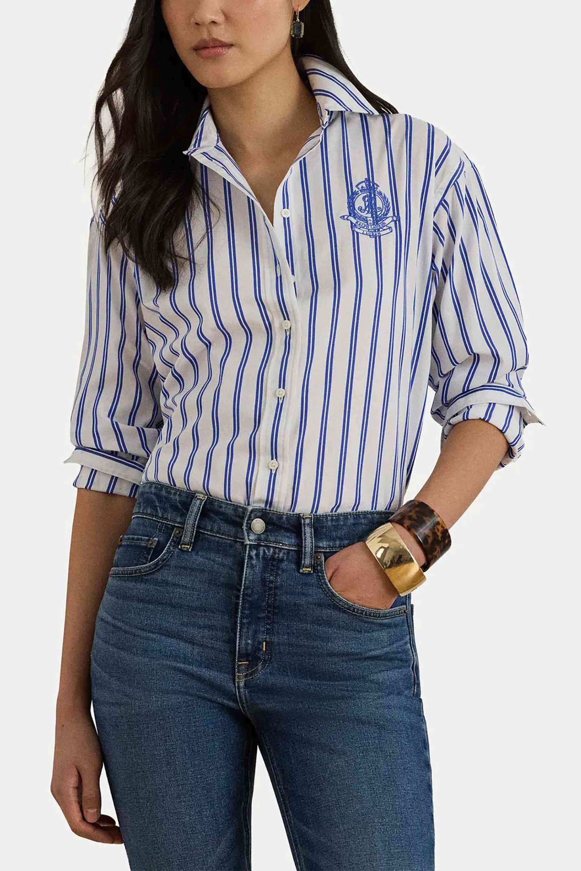 Lauren Ralph Lauren γυναικείο πουκάμισο με ριγέ σχέδιο και κεντημένο λογότυπο Relaxed Fit - 200P08746001 Λευκό