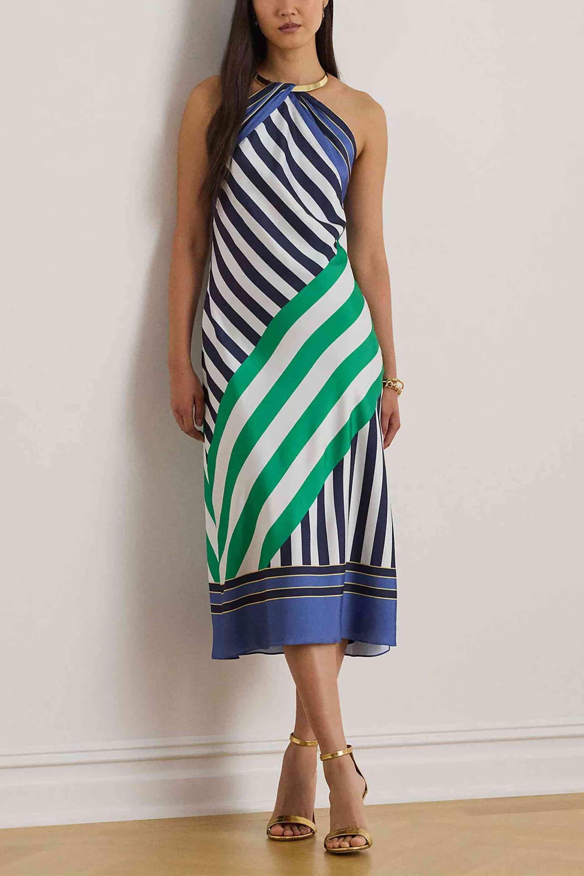 Lauren Ralph Lauren γυναικείο midi φόρεμα αμάνικο colour-blocked με ριγέ σχέδιο - 253P08328001 Λευκό