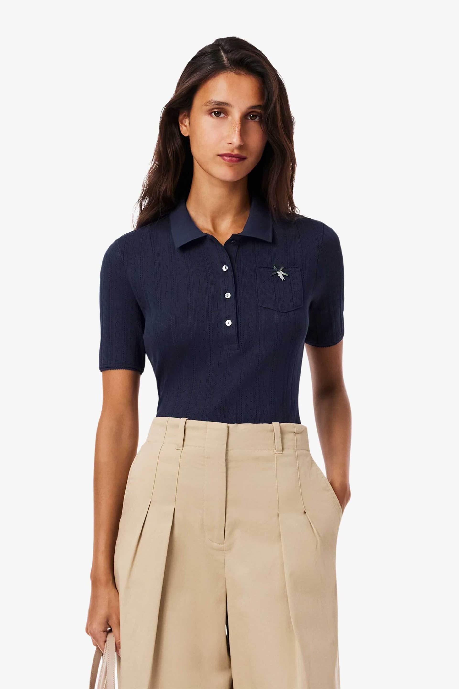 Lacoste γυναικεία πλεκτή μπλούζα πόλο με διάτρητο κεντητό σχέδιο Slim Fit